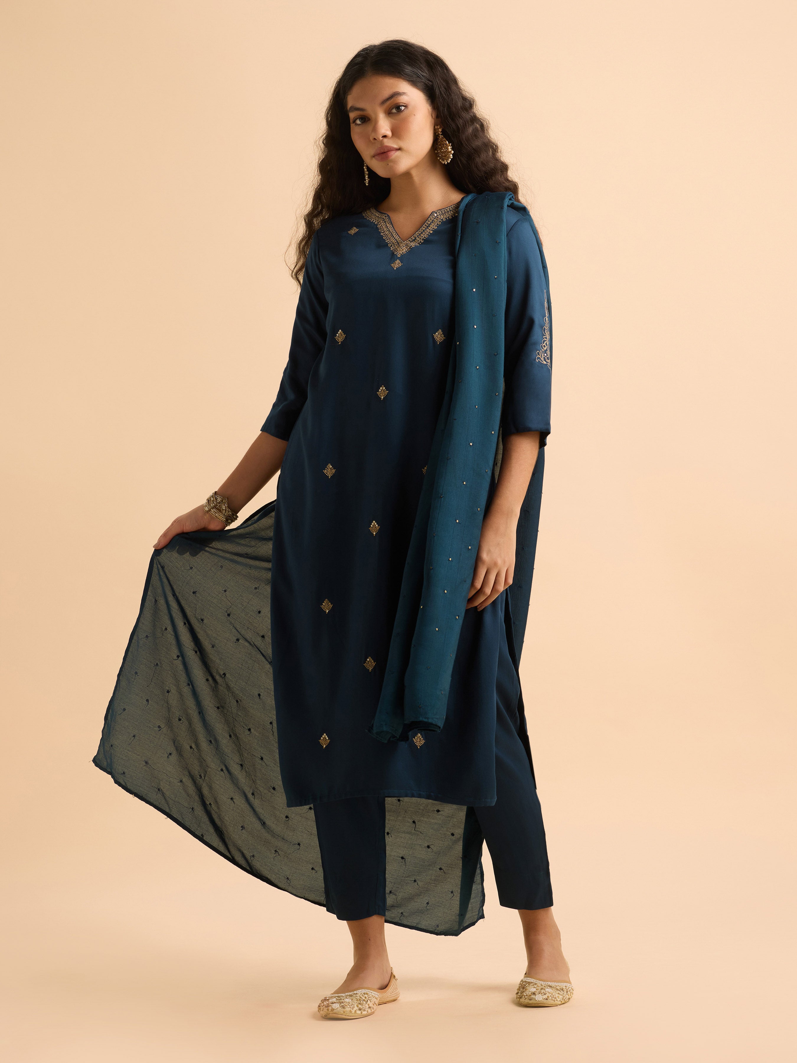 Teal Blue Poly Viscose Plain Slitted Kurti Set With Embroidery And Sequins Work