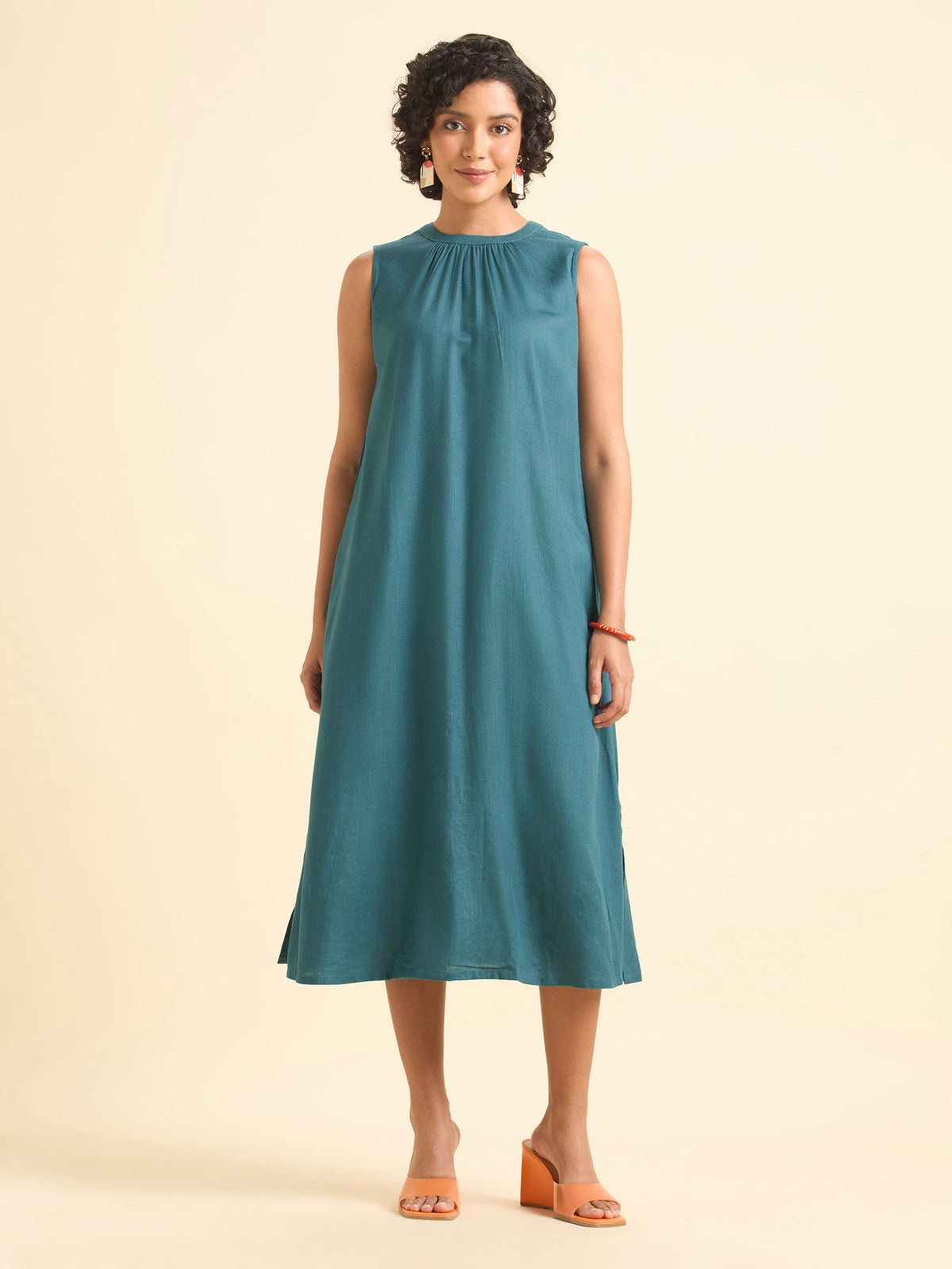 Teal Blue Viscose Plain Flared Kurti