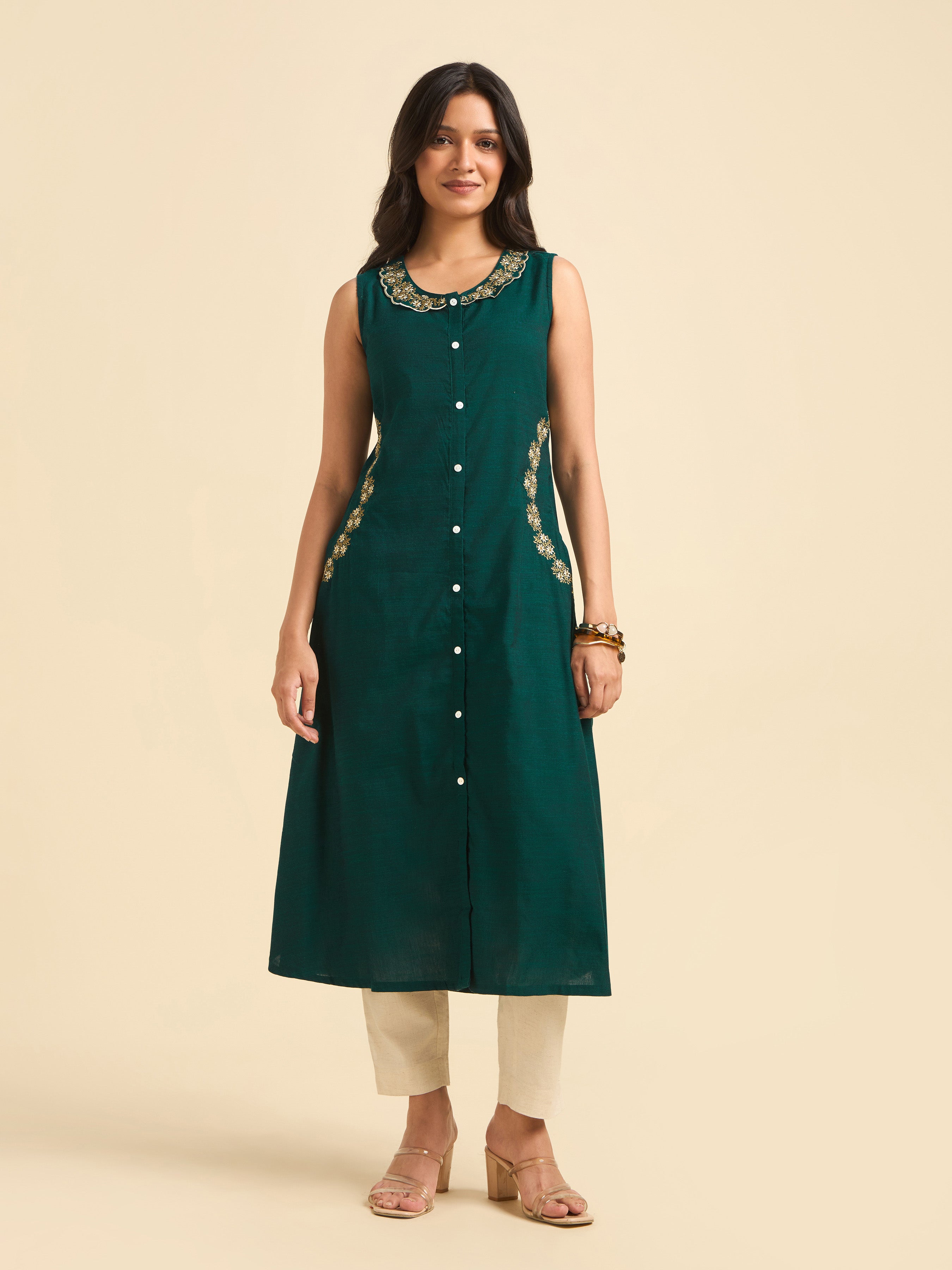 Teal Green Cotton Viscose Slub Plain Flared Kurti With Embroidery