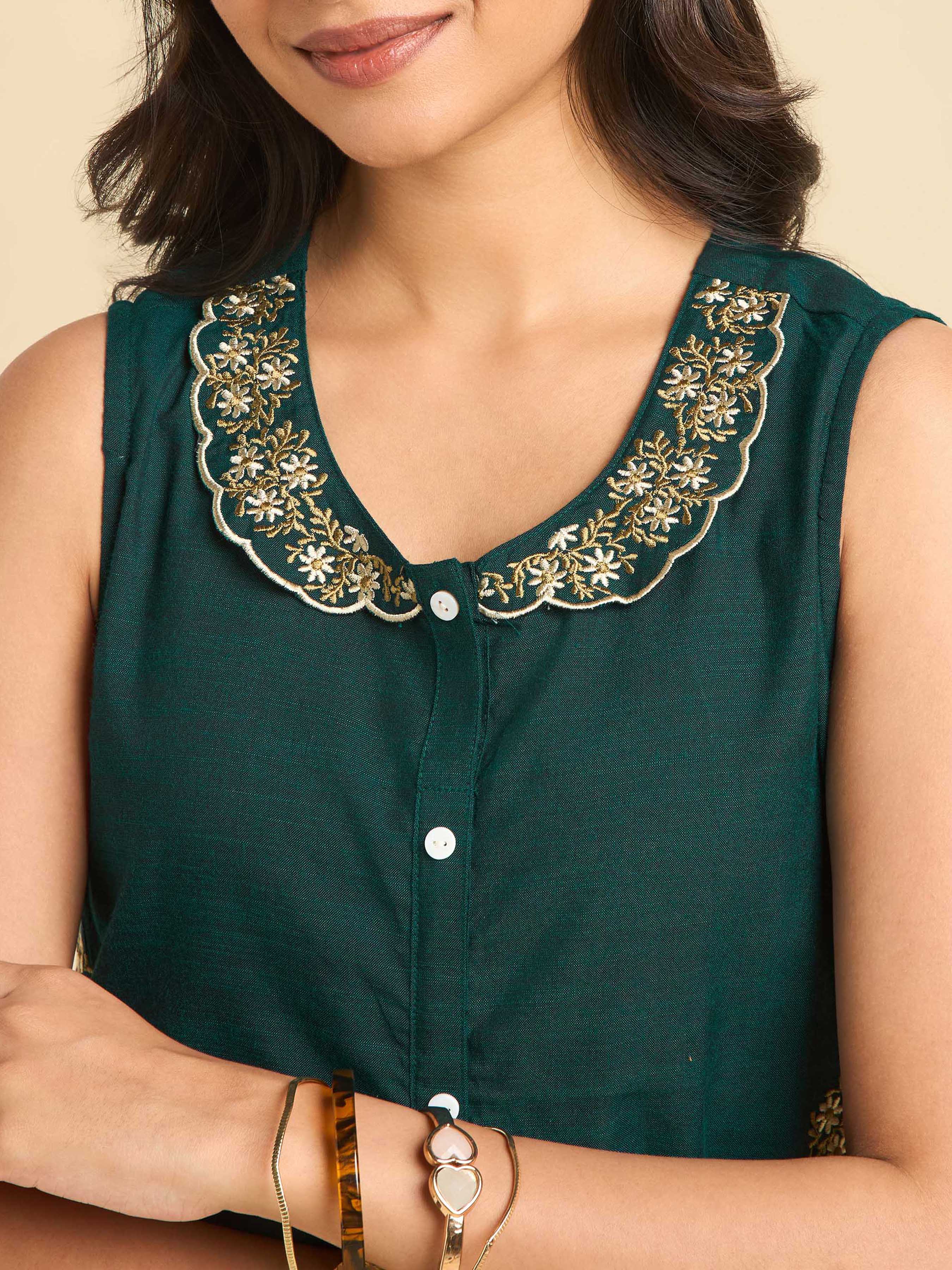 Teal Green Cotton Viscose Slub Plain Flared Kurti With Embroidery