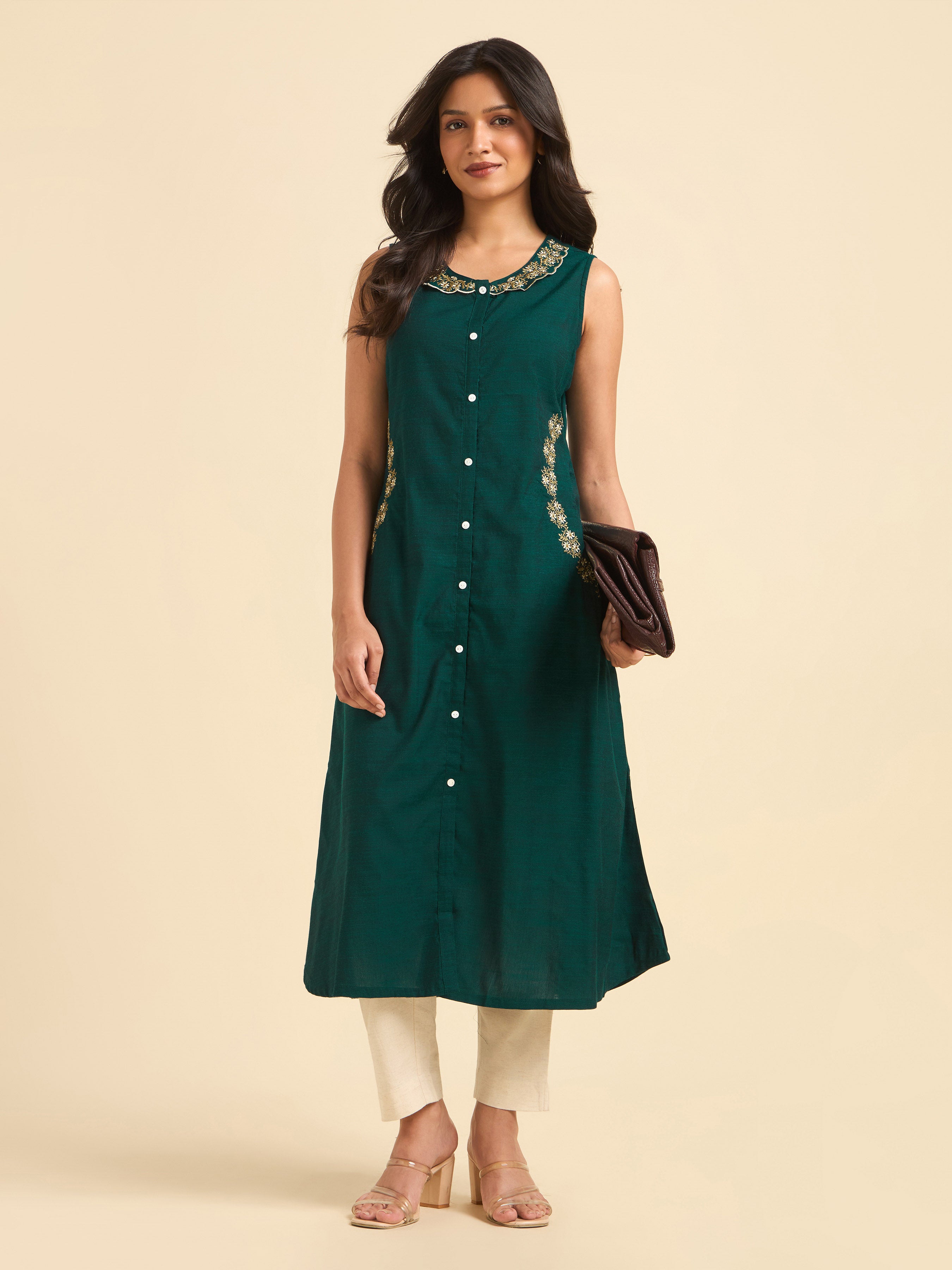 Teal Green Cotton Viscose Slub Plain Flared Kurti With Embroidery