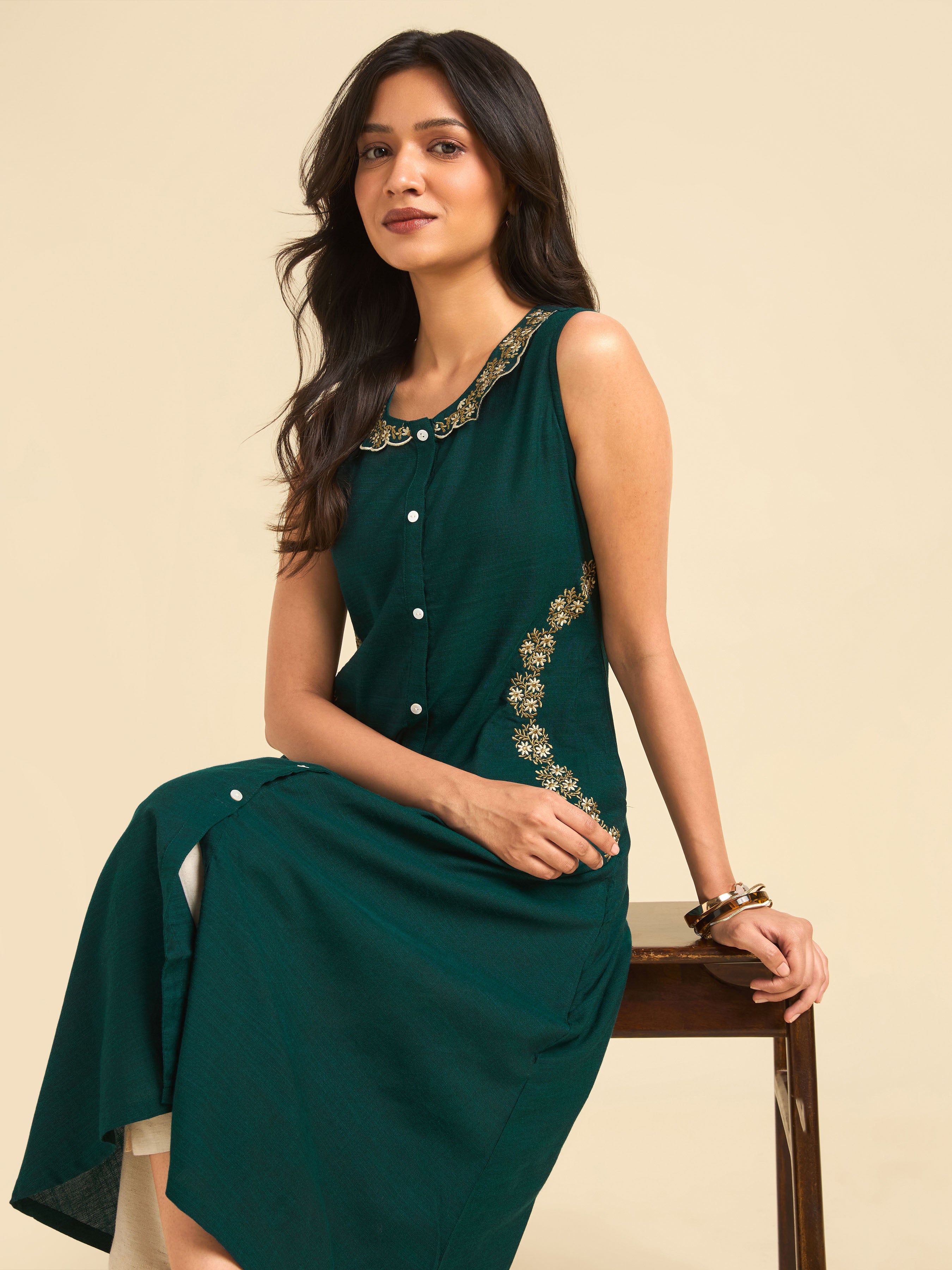 Teal Green Cotton Viscose Slub Plain Flared Kurti With Embroidery