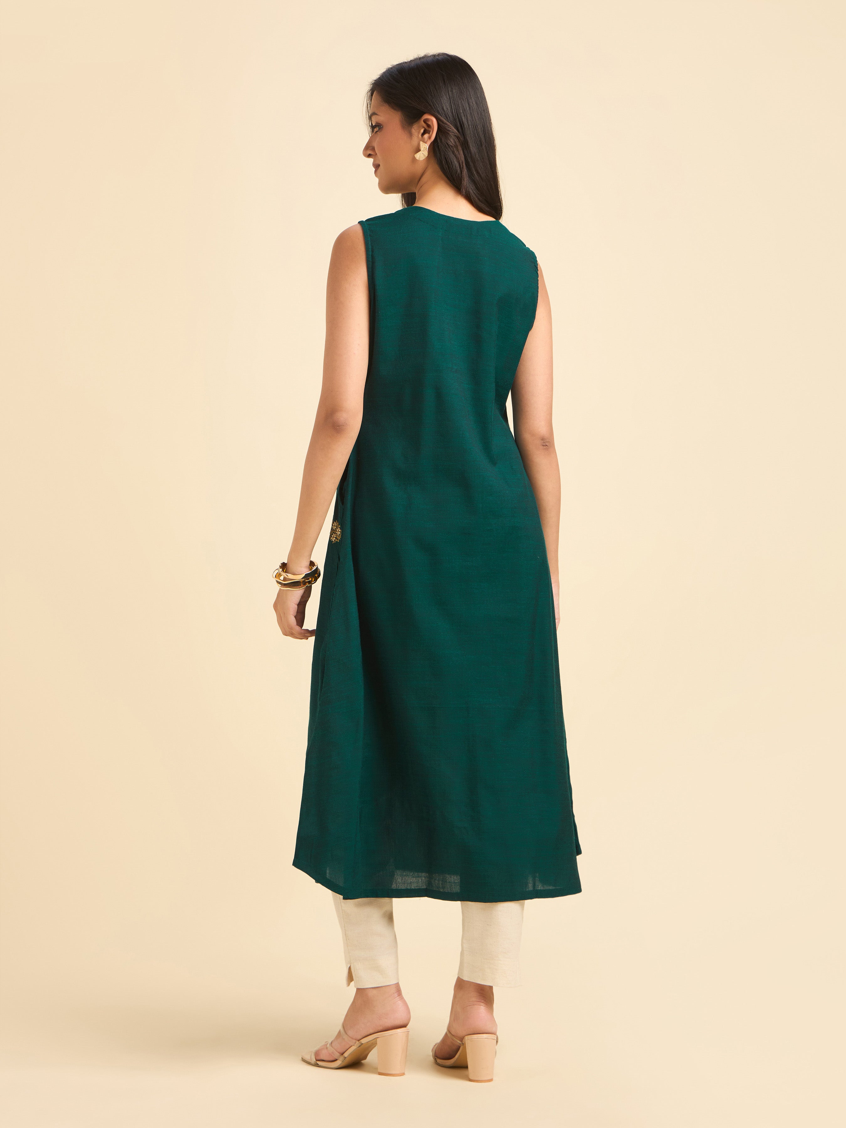 Teal Green Cotton Viscose Slub Plain Flared Kurti With Embroidery