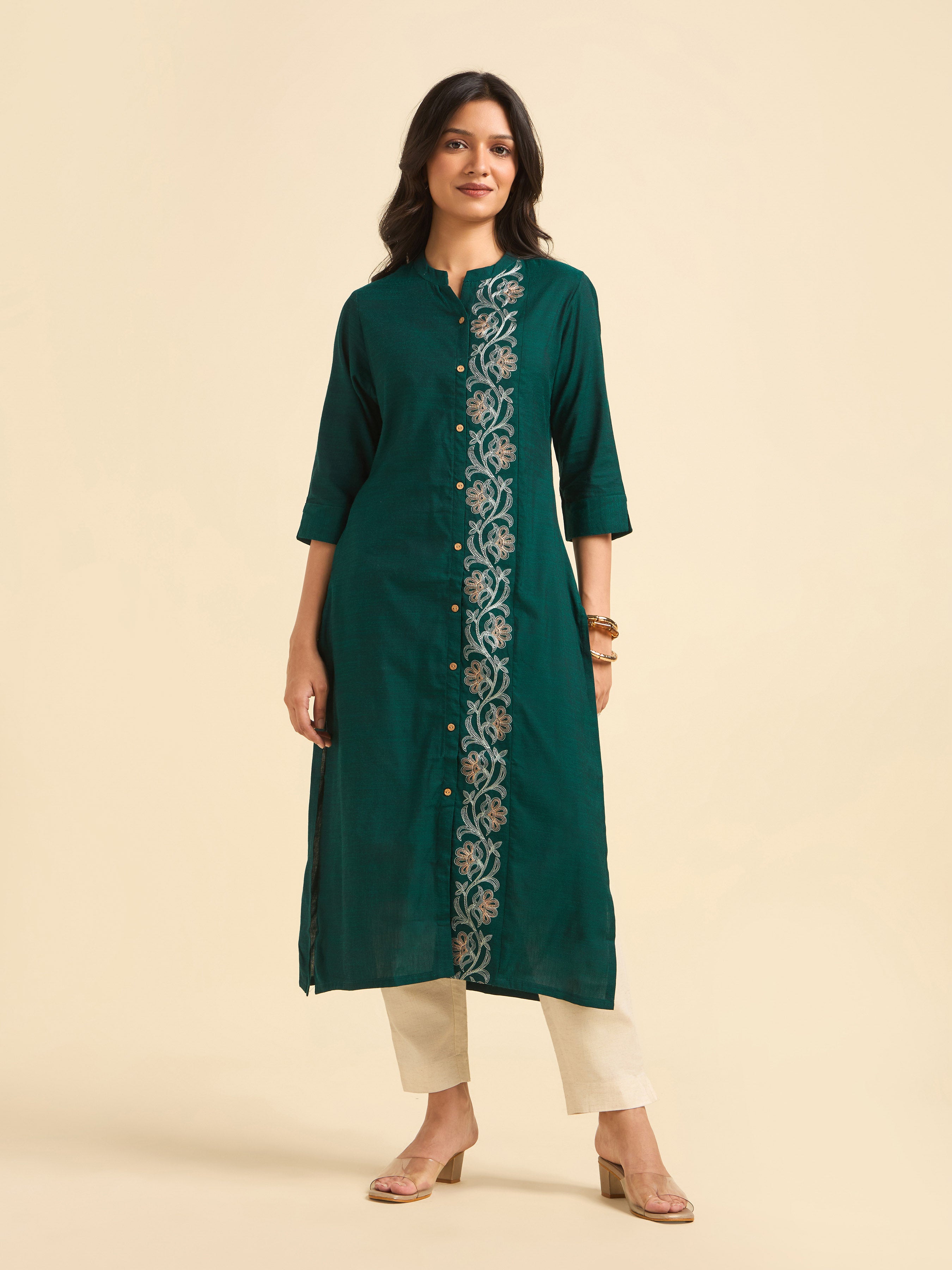 Teal Green Cotton Viscose Slub Plain Slitted Kurti With Embroidery