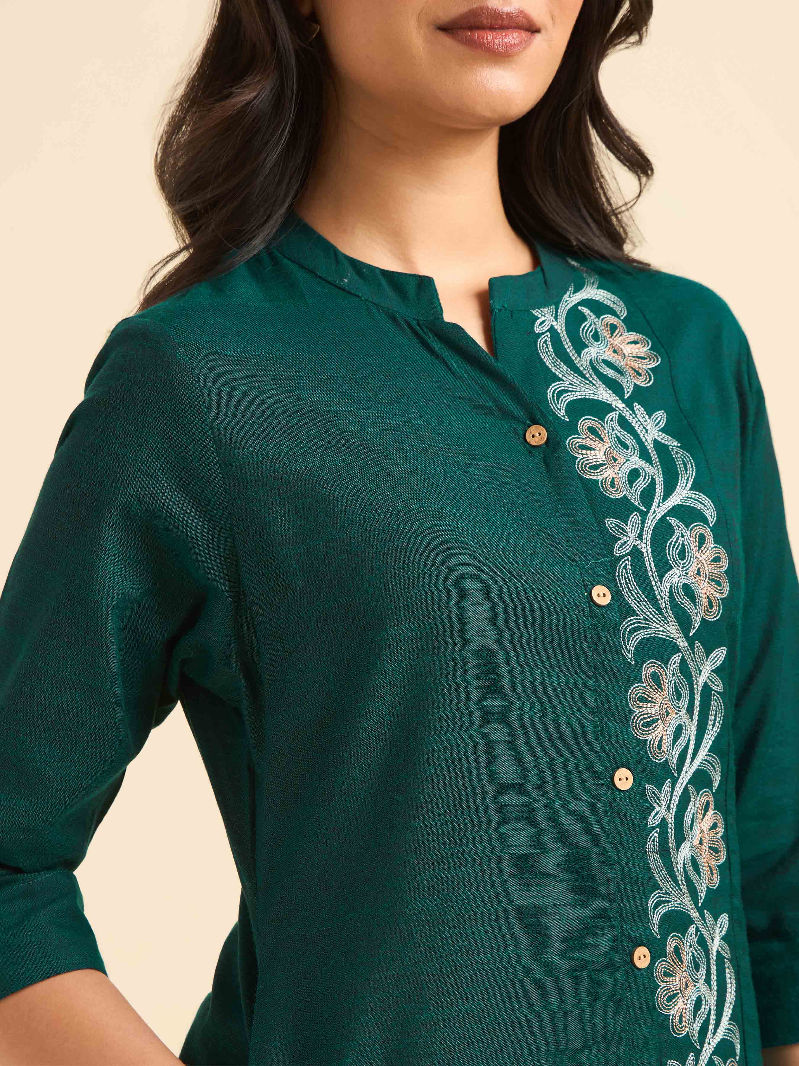 Teal Green Cotton Viscose Slub Plain Slitted Kurti With Embroidery