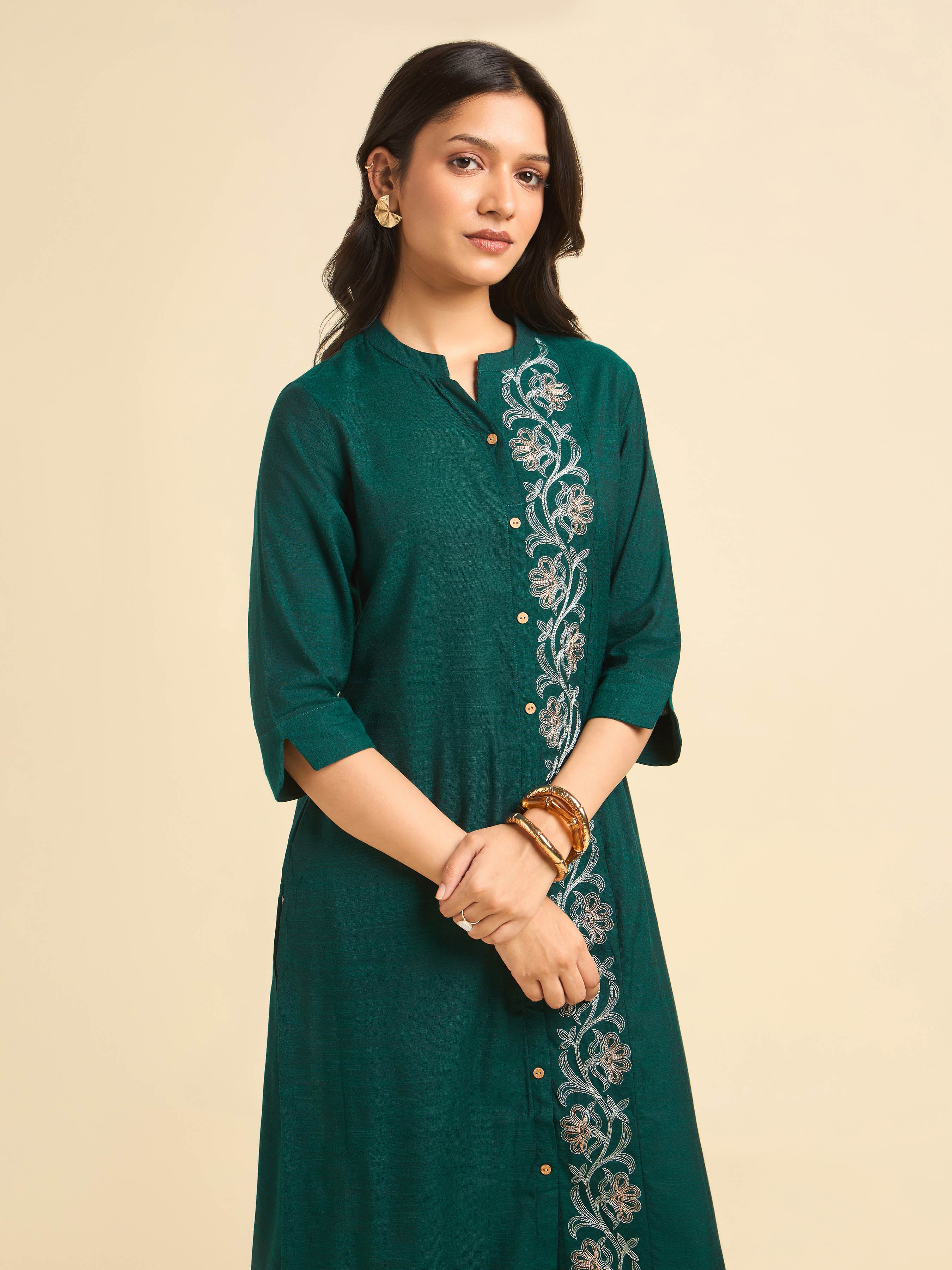 Teal Green Cotton Viscose Slub Plain Slitted Kurti With Embroidery
