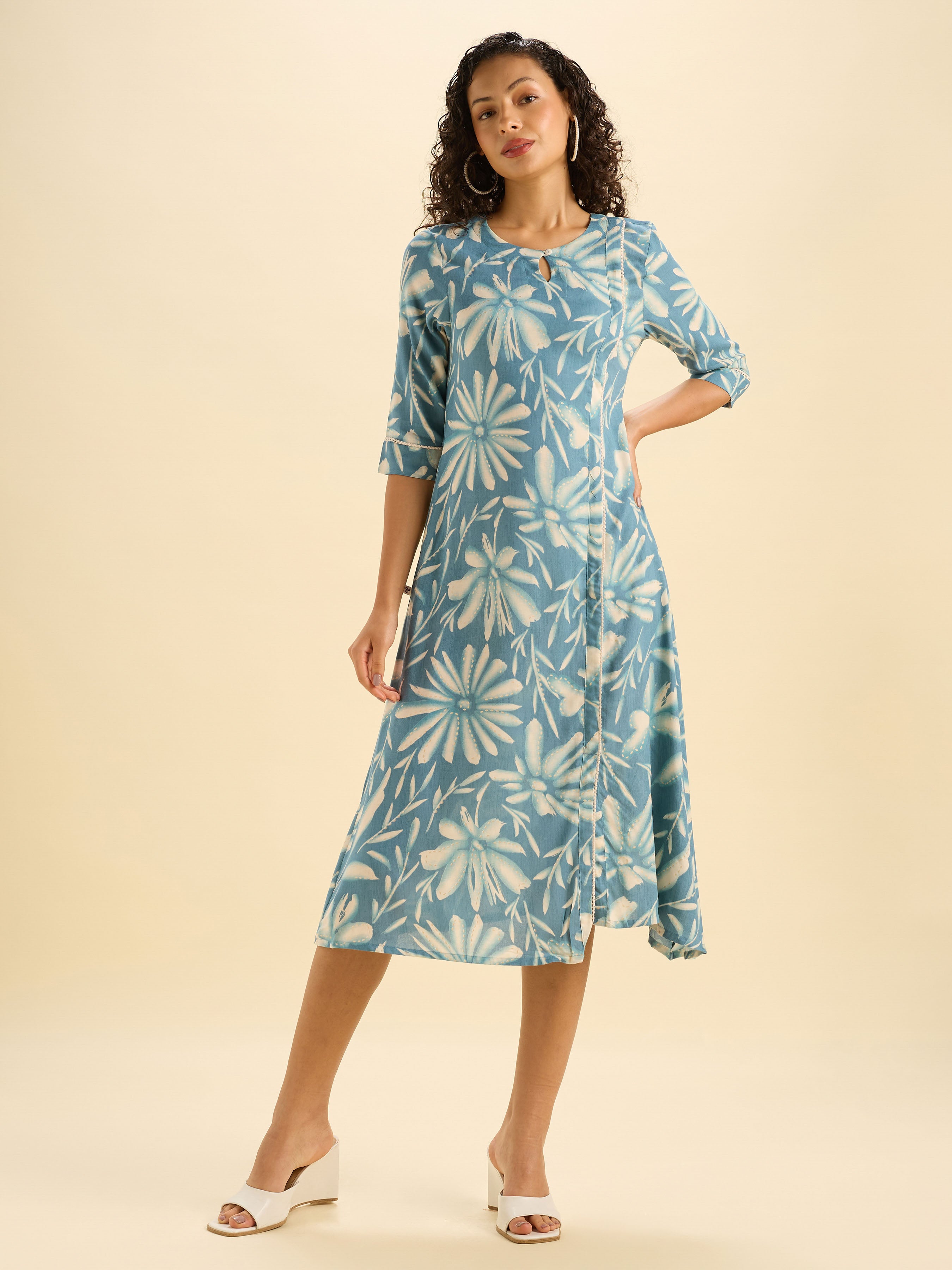 Teal Ivory Colour Viscose Printed Flared Kurti With Lace