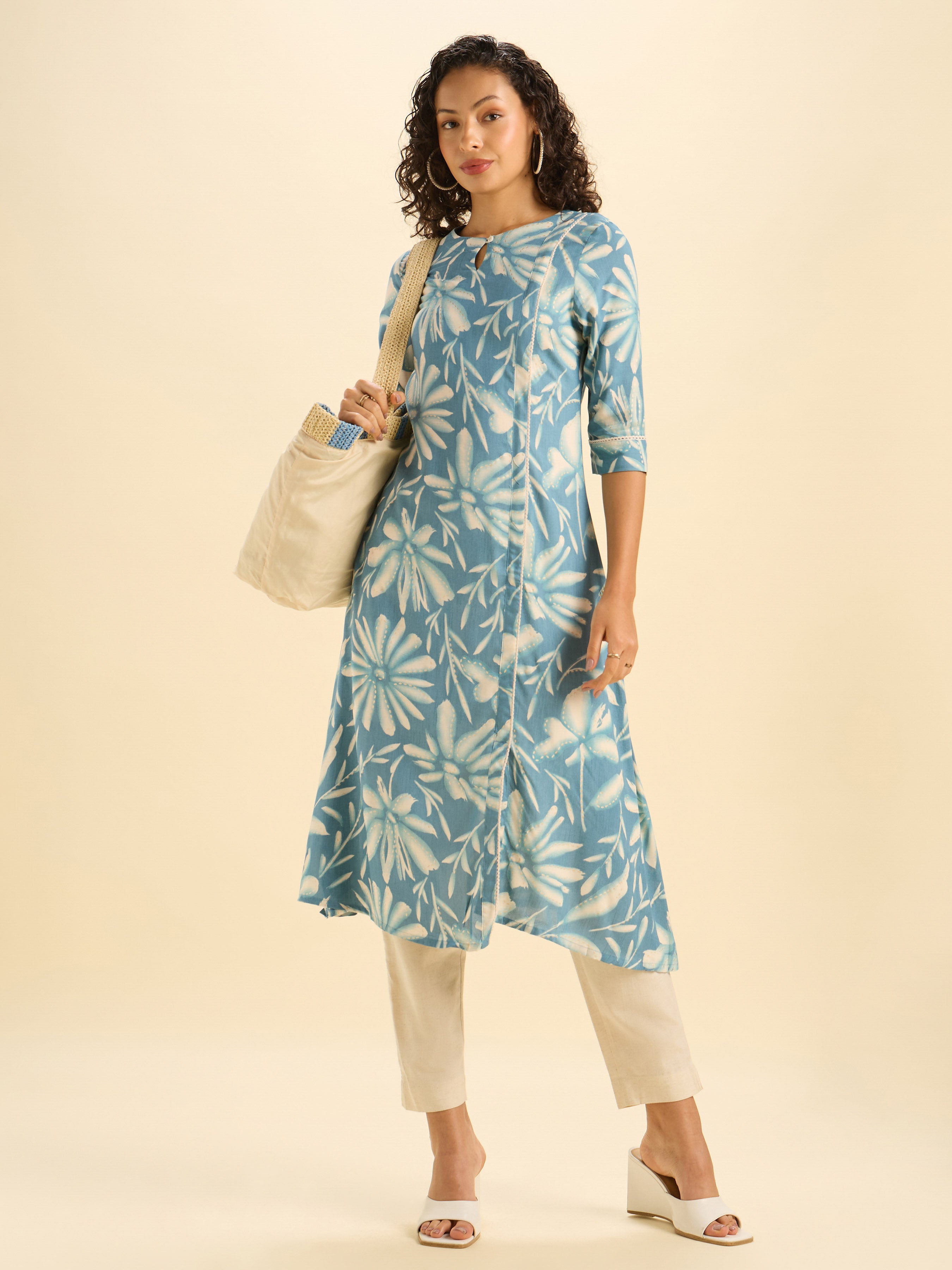 Teal Ivory Colour Viscose Printed Flared Kurti With Lace