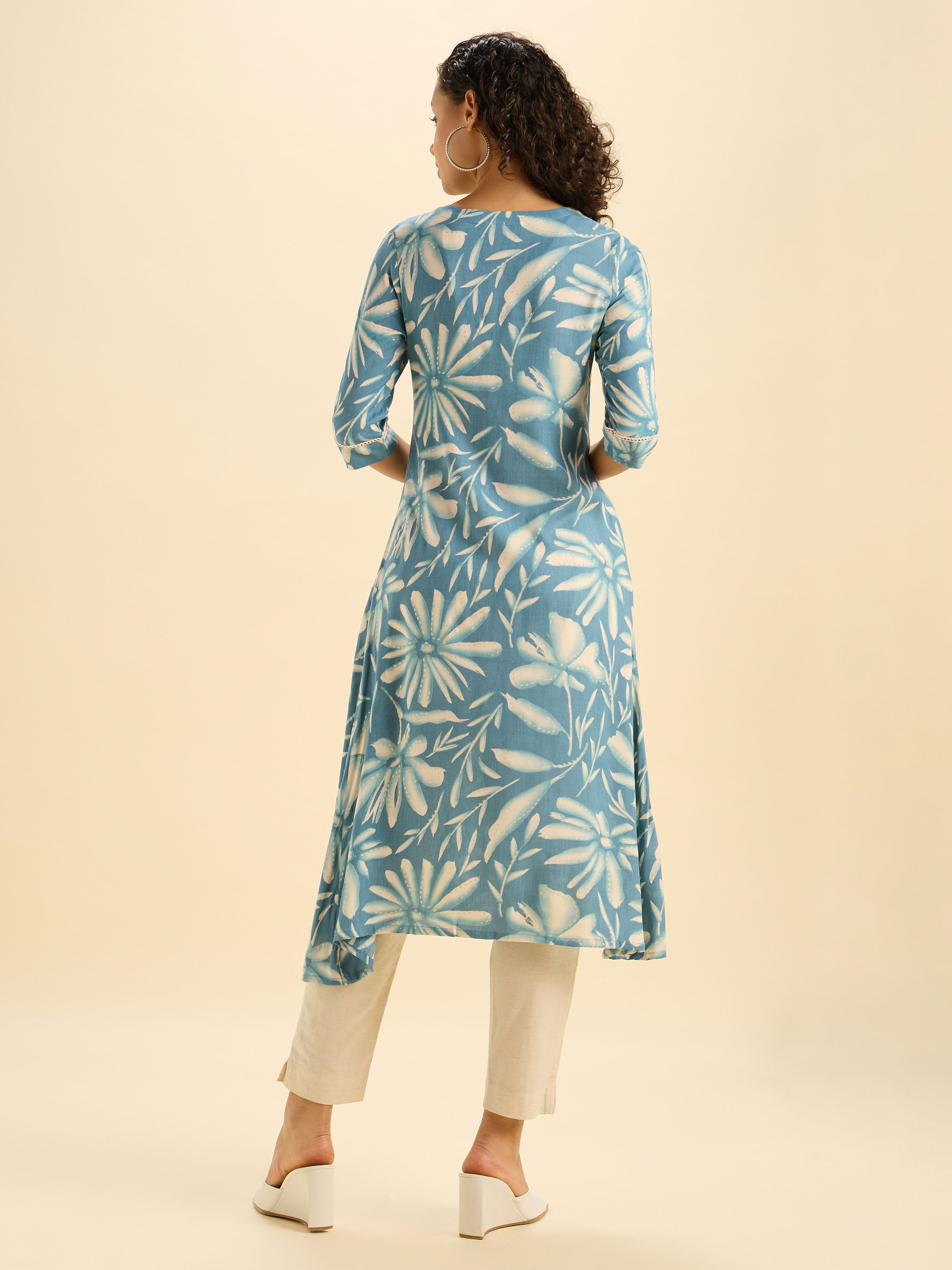 Teal Ivory Colour Viscose Printed Flared Kurti With Lace