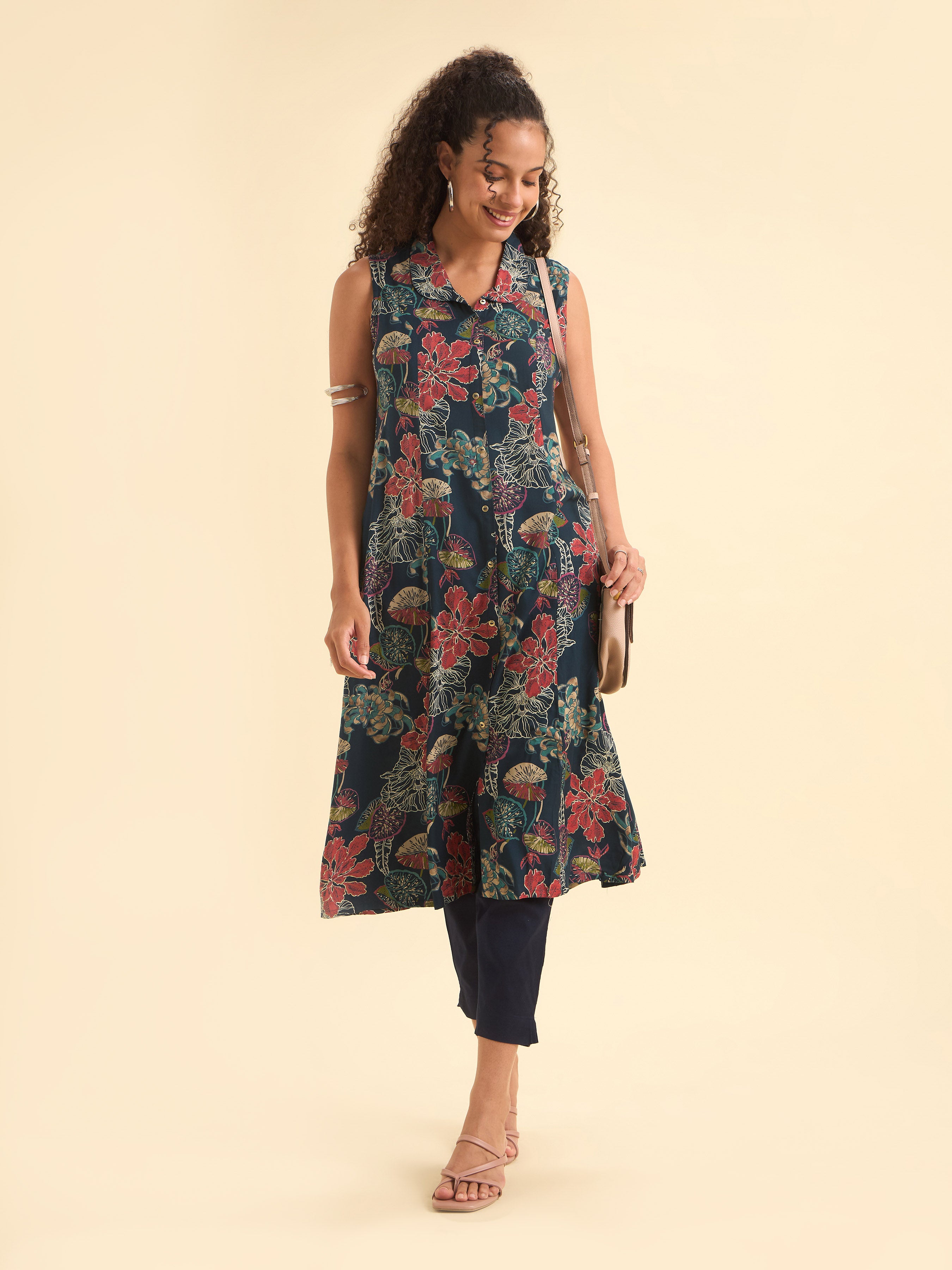 Teal Multi Colour Viscose Print Sleeveless Kurti With Smocking