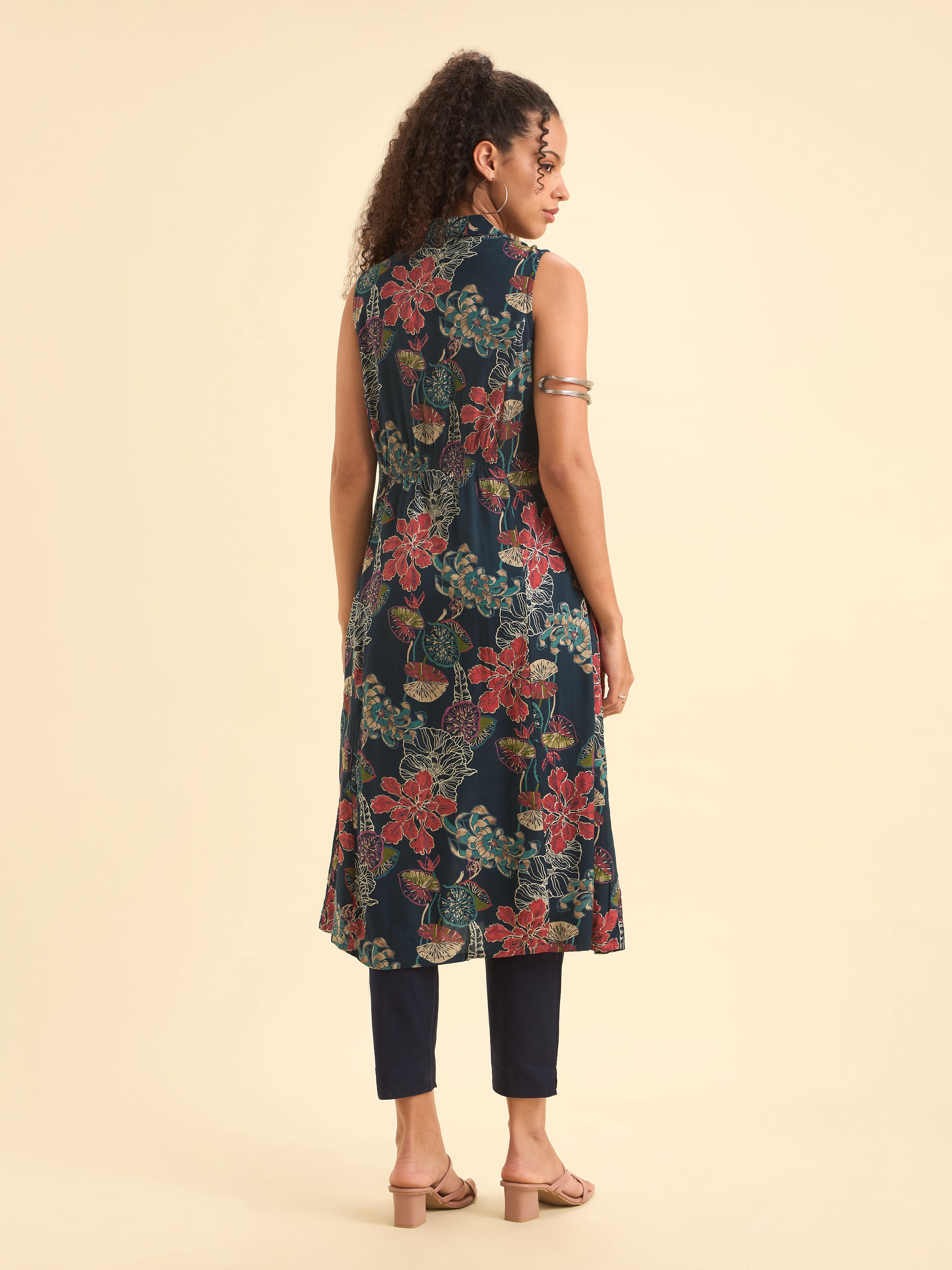 Teal Multi Colour Viscose Print Sleeveless Kurti With Smocking