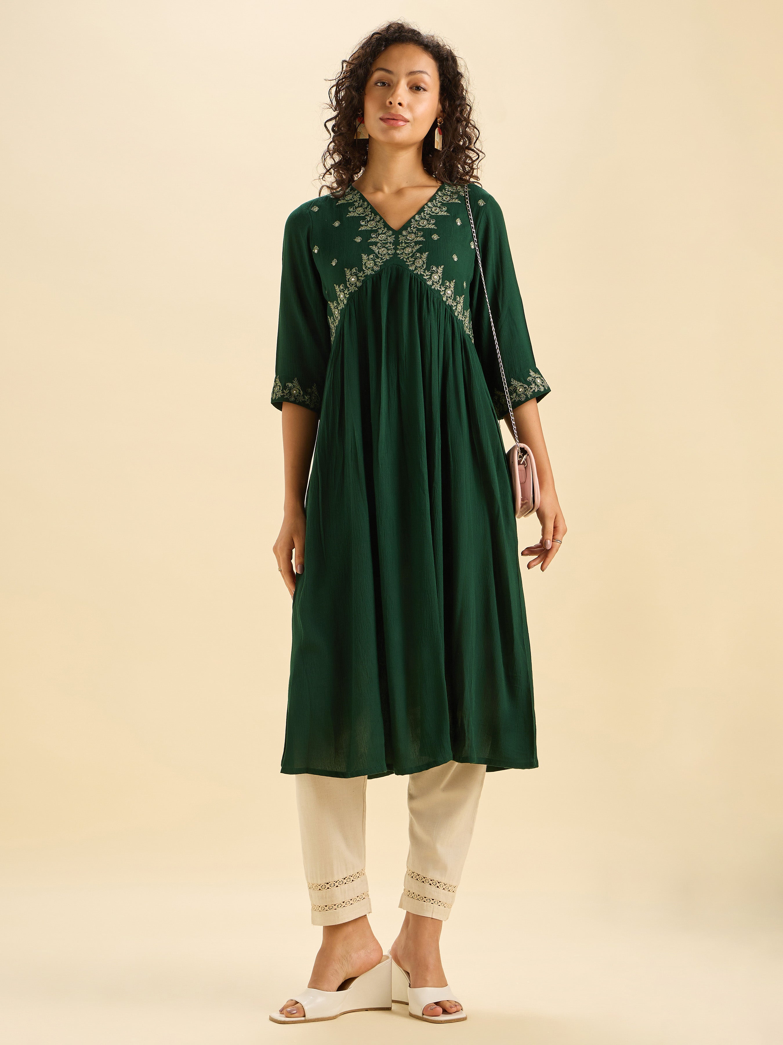Bottle Green Wrinkle Viscose Plain Flared Kurti With Mirror Work Embroidery