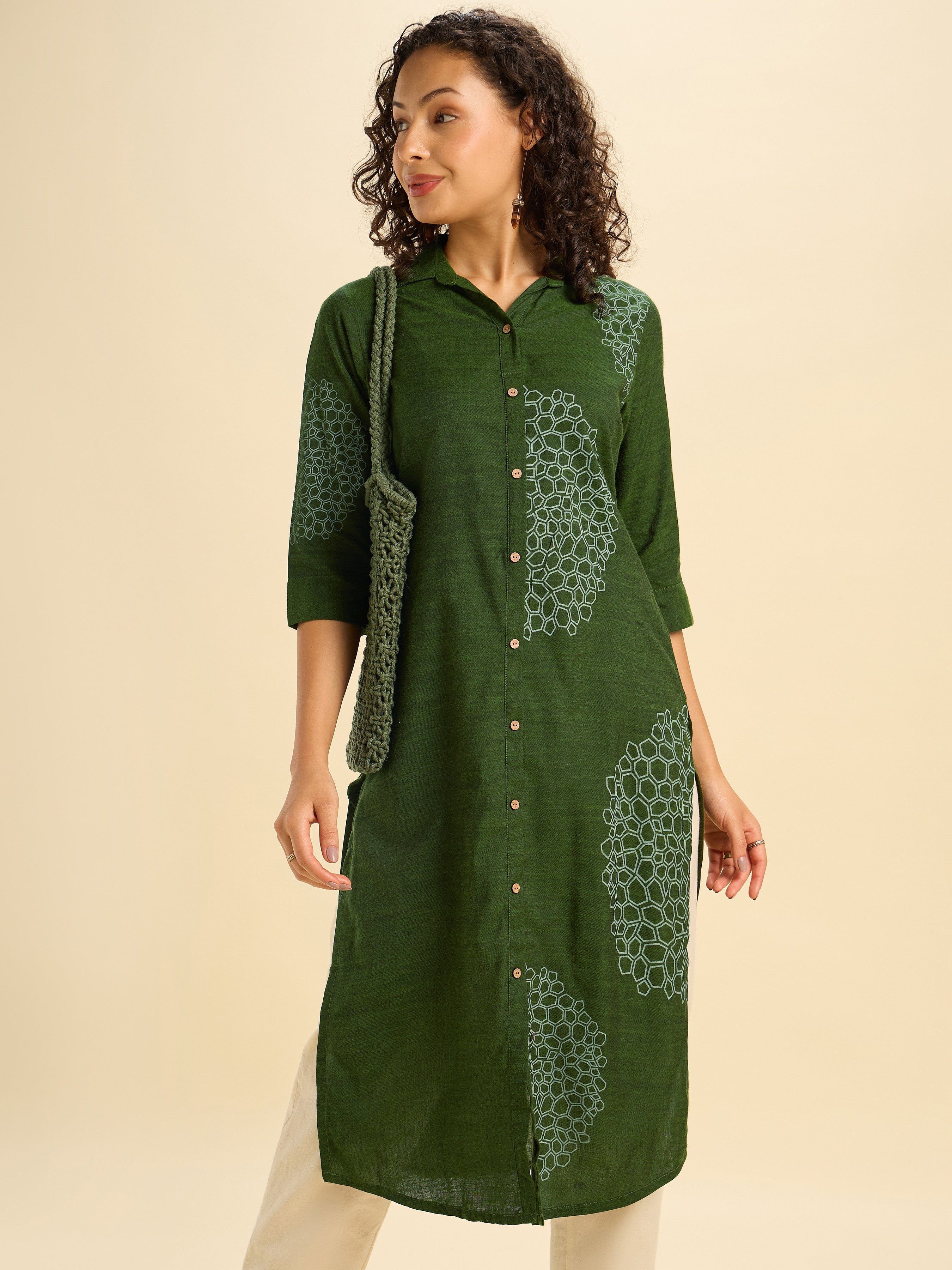 Green Cotton Viscose Slited Kurti With Placement Print