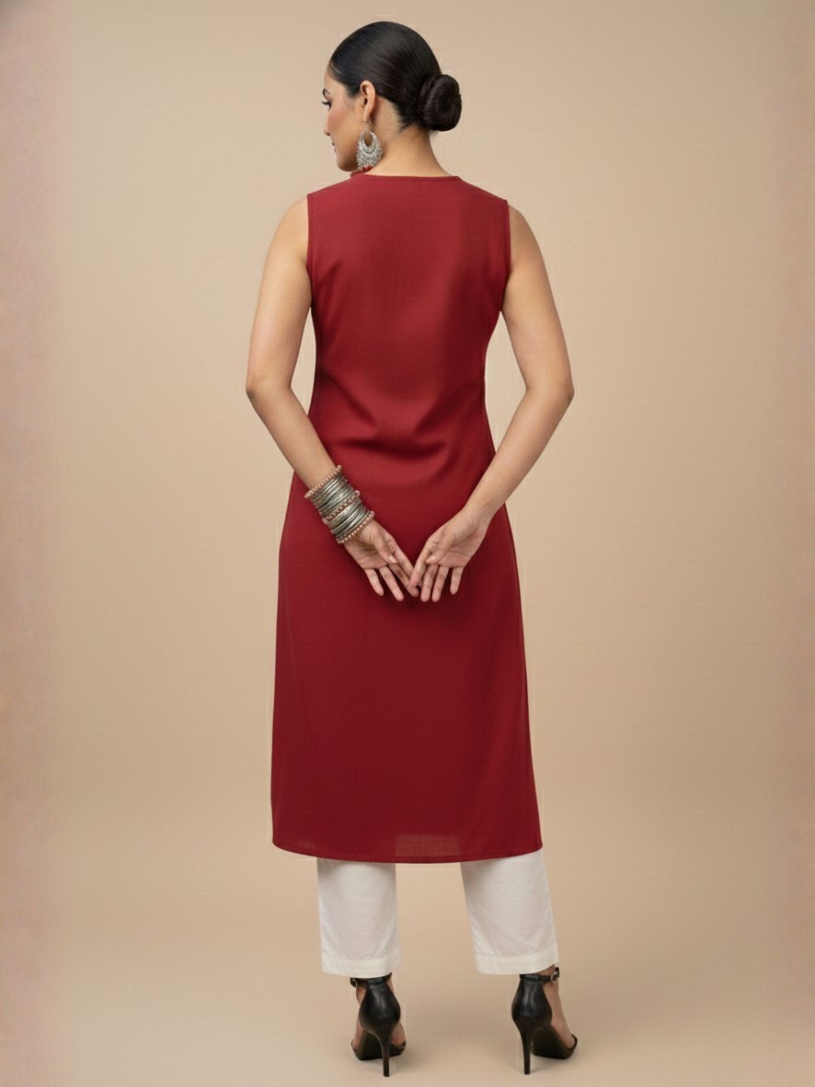 Red Cotton Viscose Angrakha Kurta With Sequence Embroidery