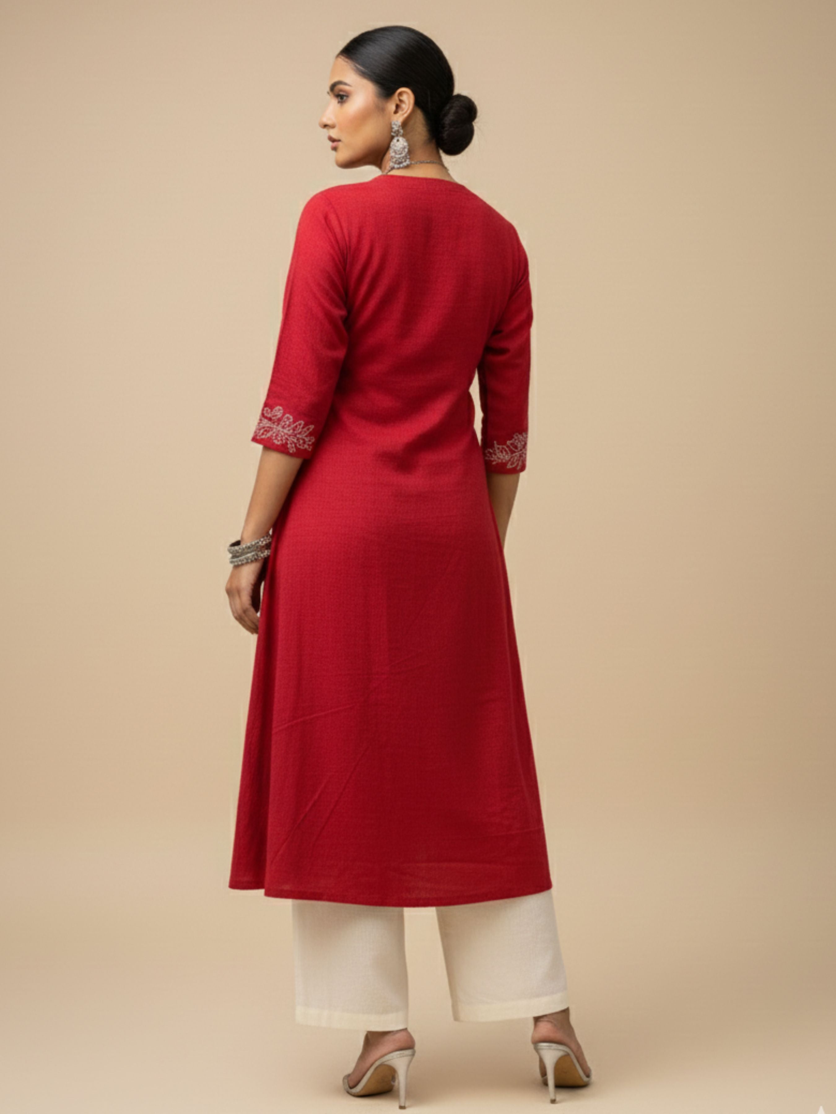 Red Cotton Viscose Angrakha Kurta With Sequence Embroidery