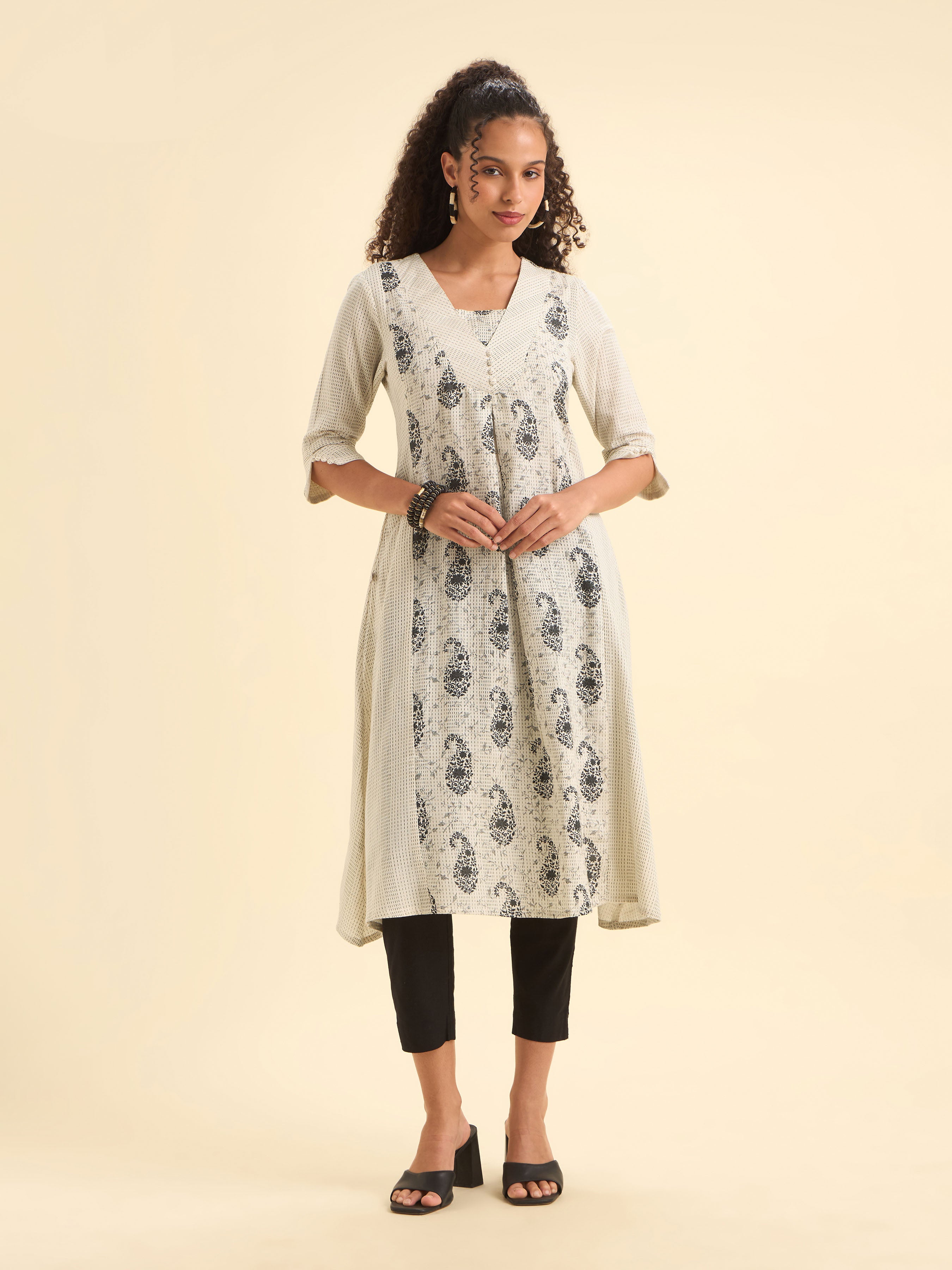 White Black Cotton Katha Printed Flared Kurti