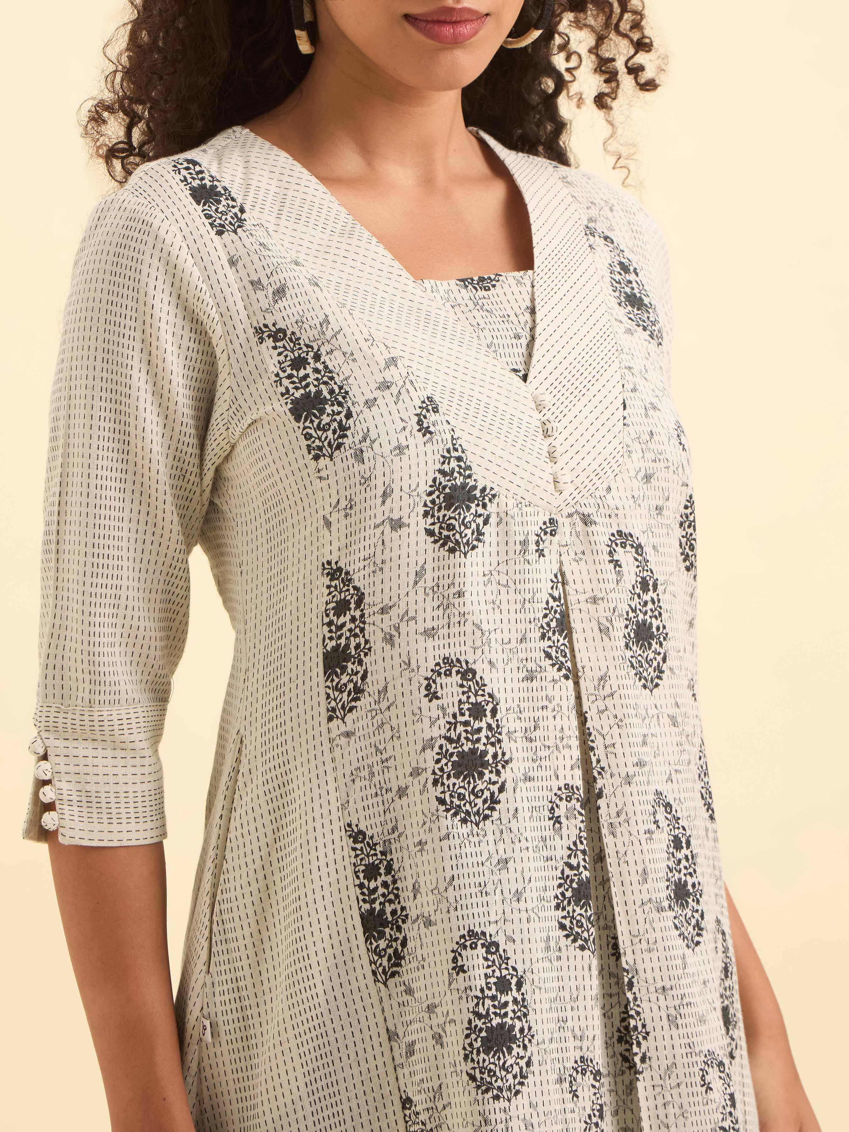 White Black Cotton Katha Printed Flared Kurti