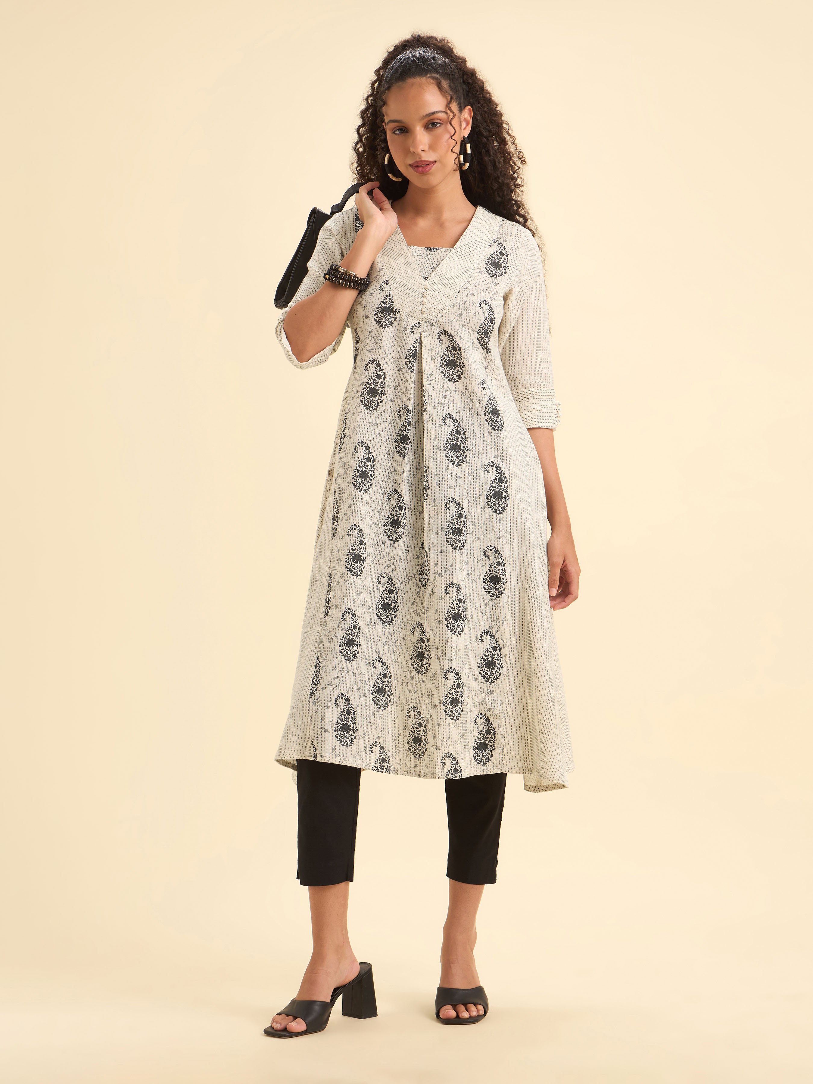 White Black Cotton Katha Printed Flared Kurti