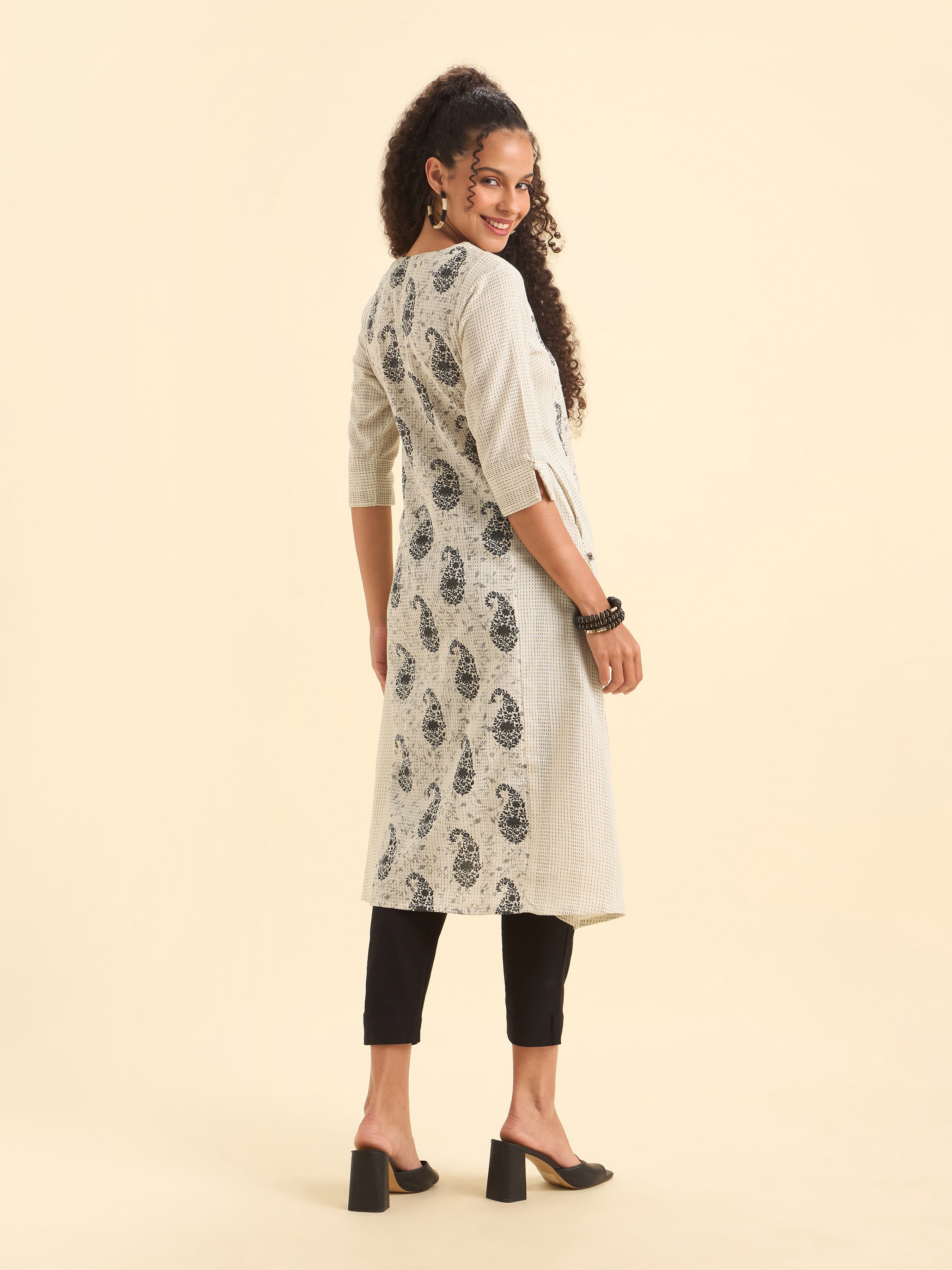 White Black Cotton Katha Printed Flared Kurti
