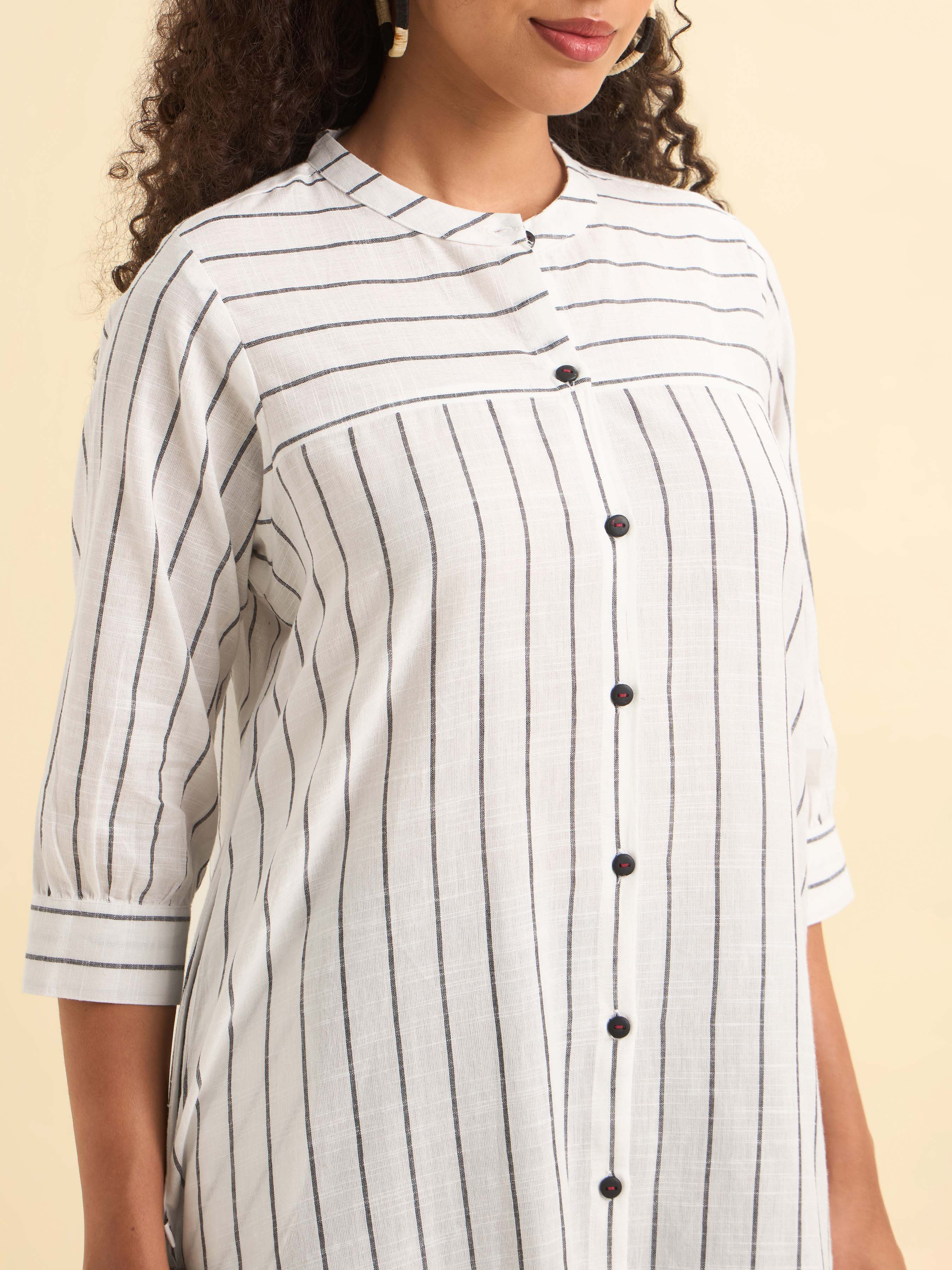 White Black Cotton Stripe Flared Kurti With Minimal Embroidery At Back Yoke