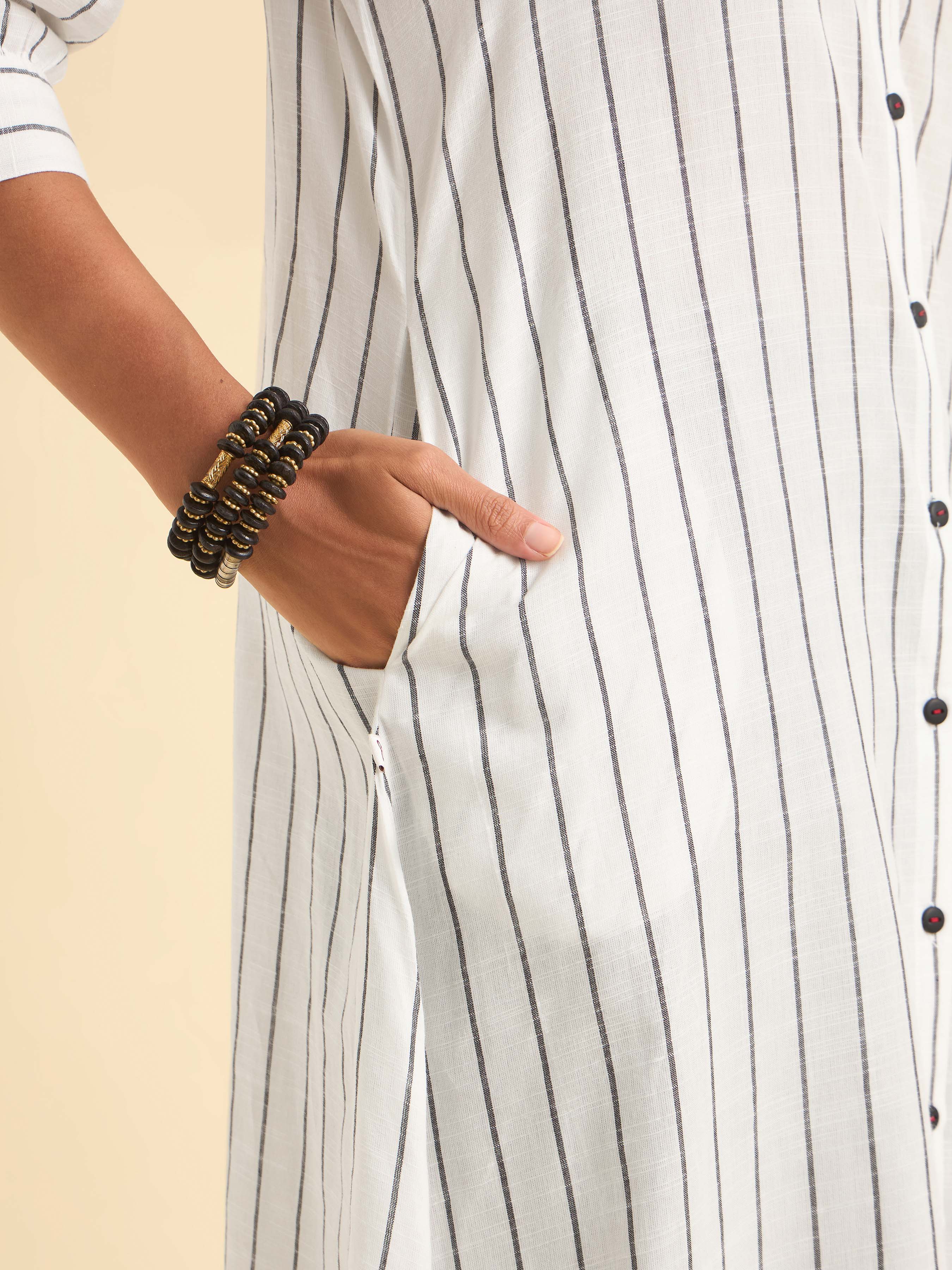 White Black Cotton Stripe Flared Kurti With Minimal Embroidery At Back Yoke