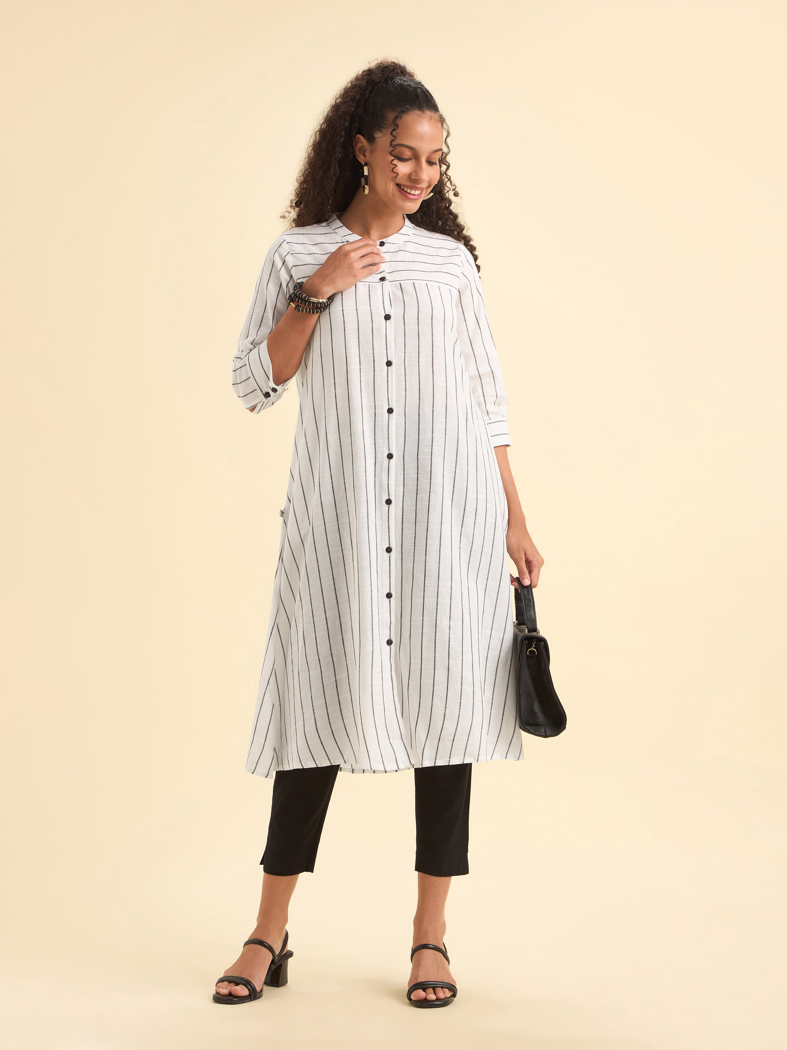 White Black Cotton Stripe Flared Kurti With Minimal Embroidery At Back Yoke