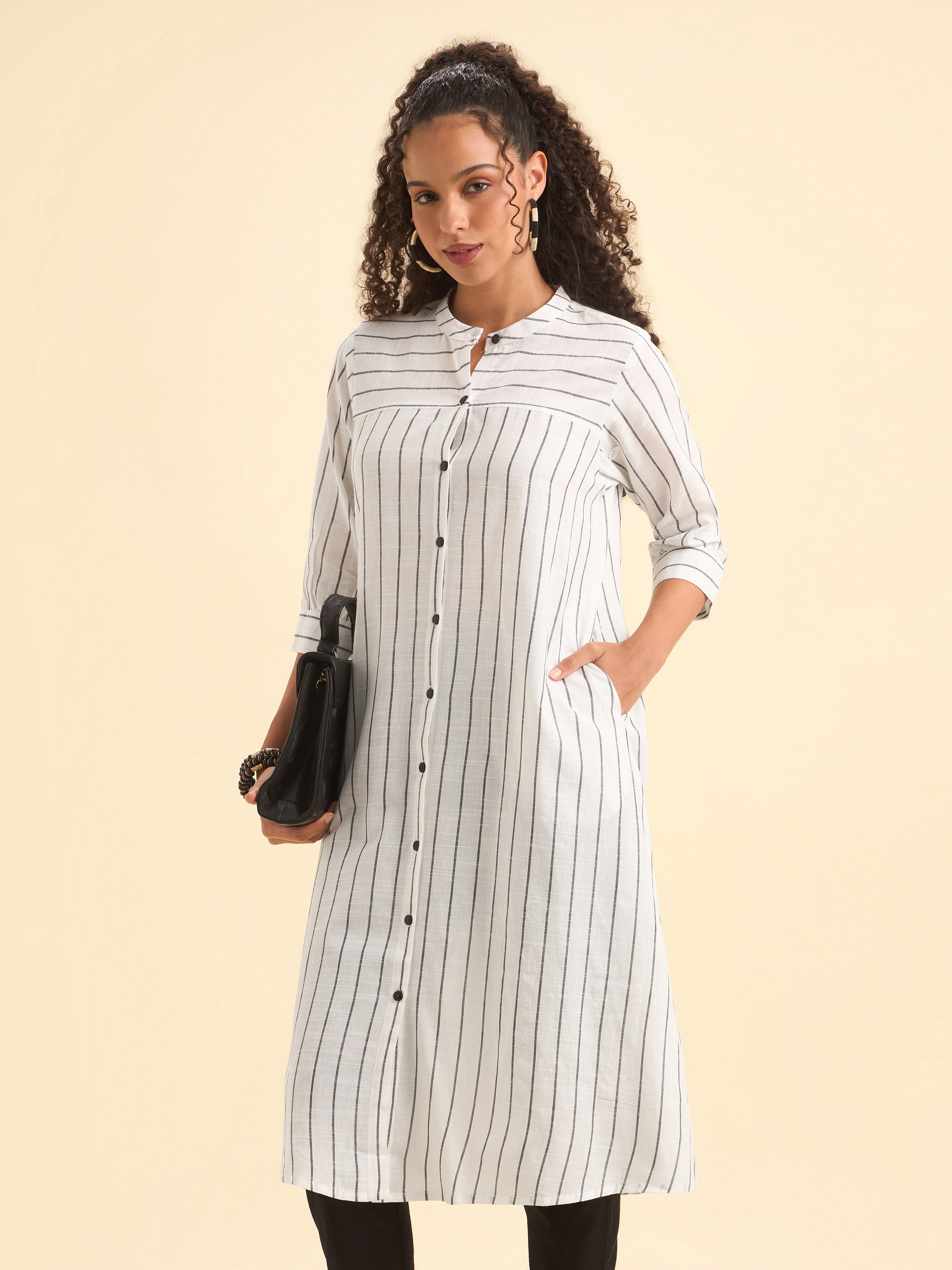 White Black Cotton Stripe Flared Kurti With Minimal Embroidery At Back Yoke