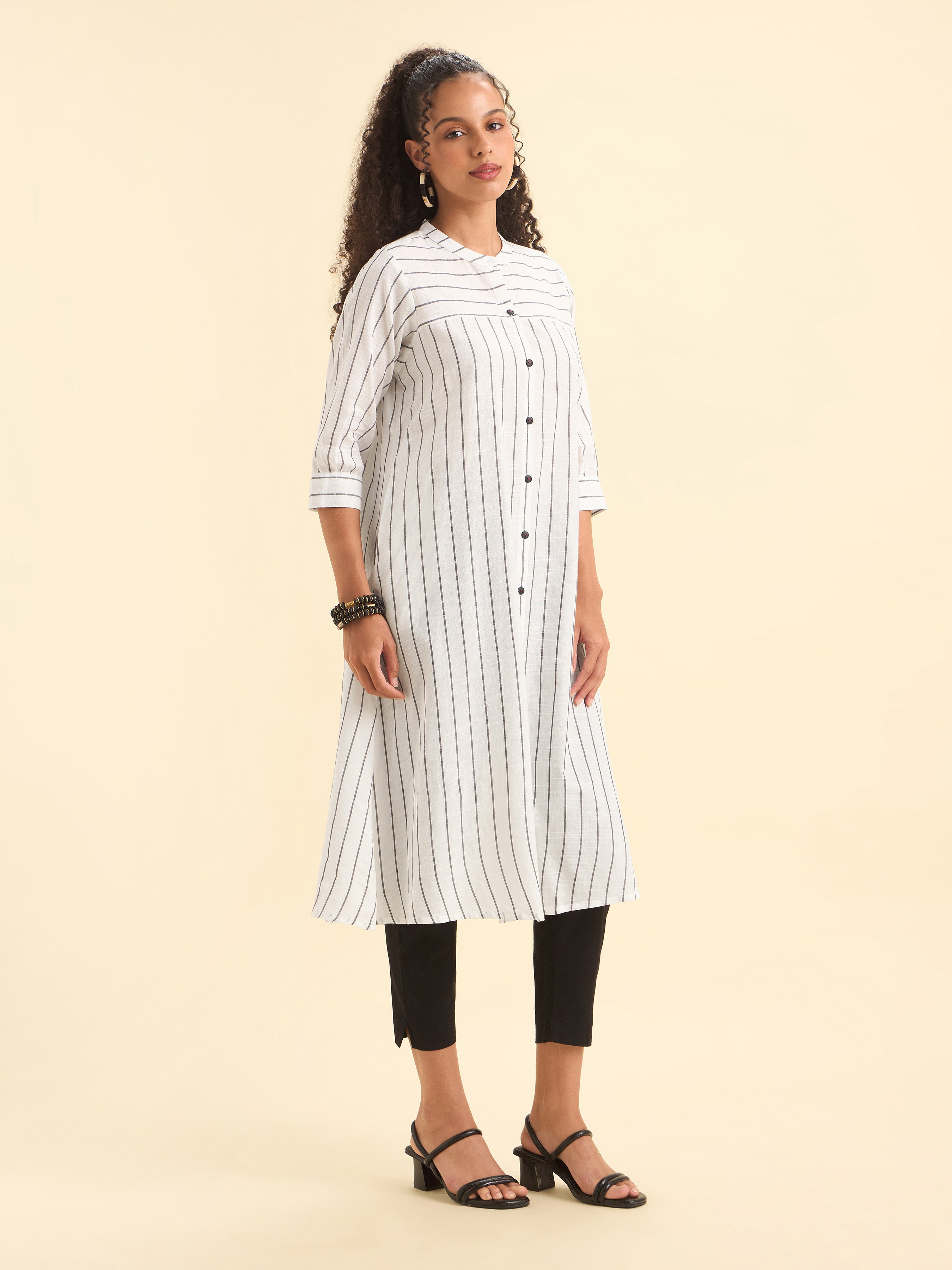 White Black Cotton Stripe Flared Kurti With Minimal Embroidery At Back Yoke