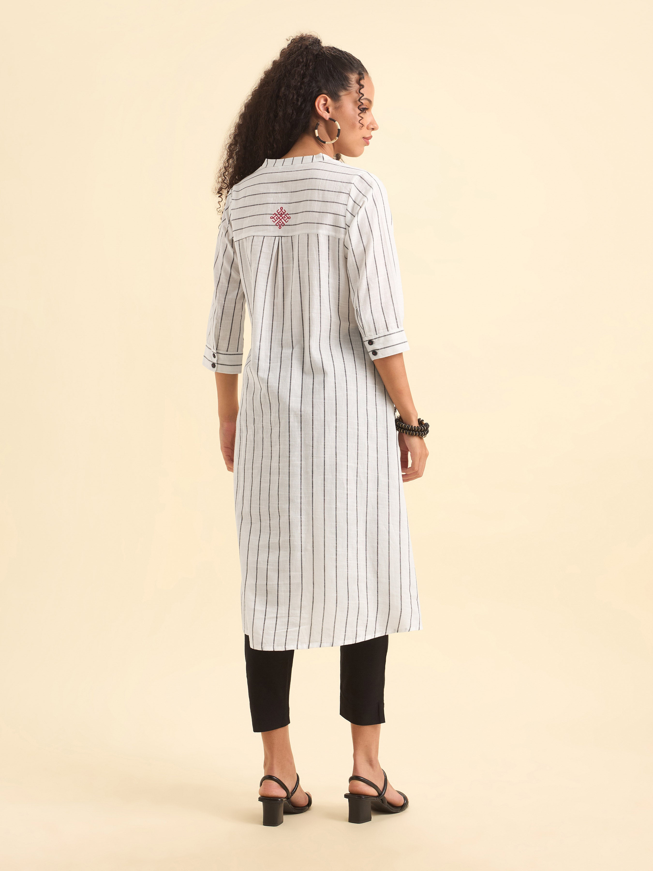 White Black Cotton Stripe Flared Kurti With Minimal Embroidery At Back Yoke