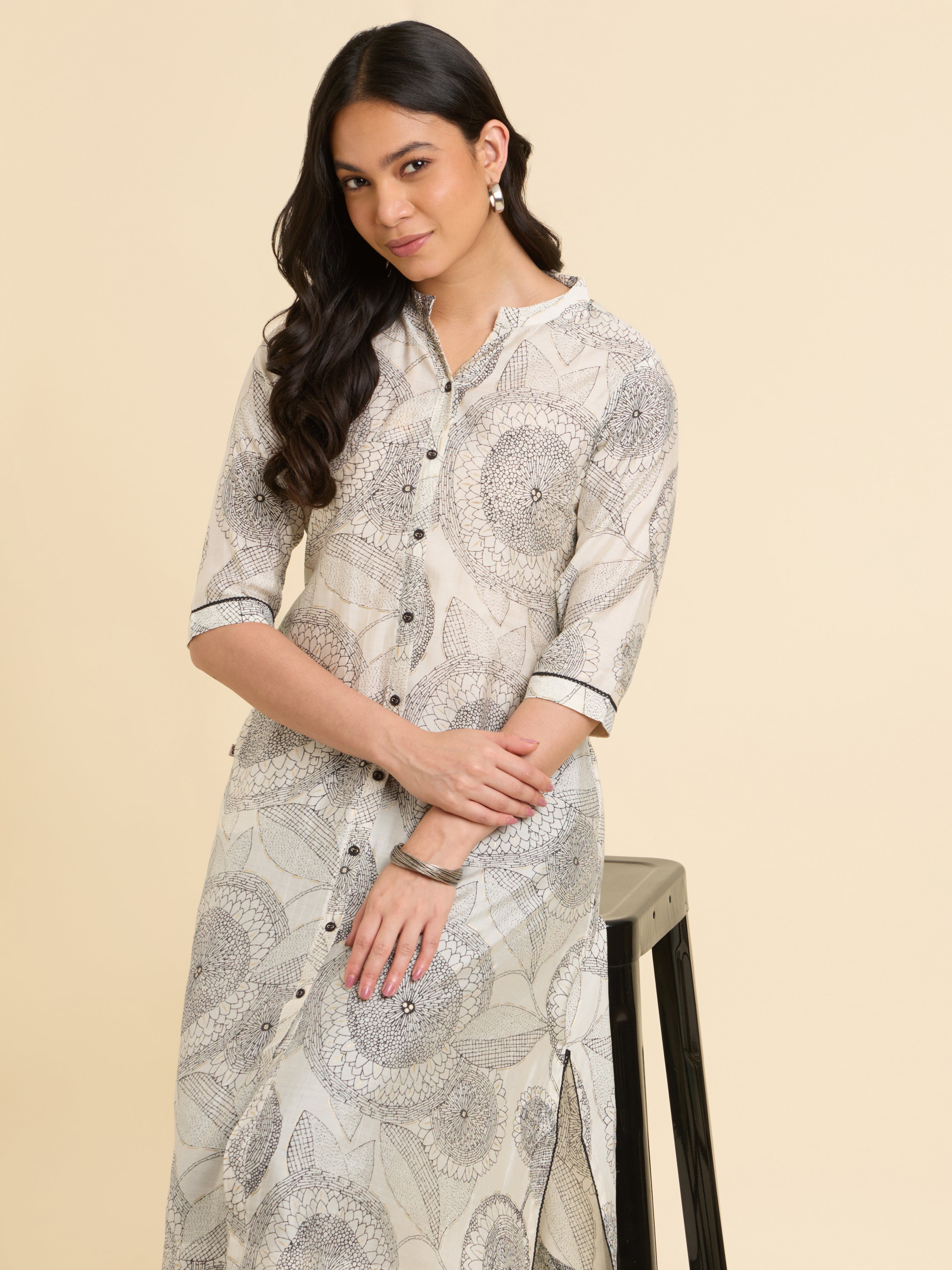 White& Black Modal Chanderi Printed Flared Kurti With Lace