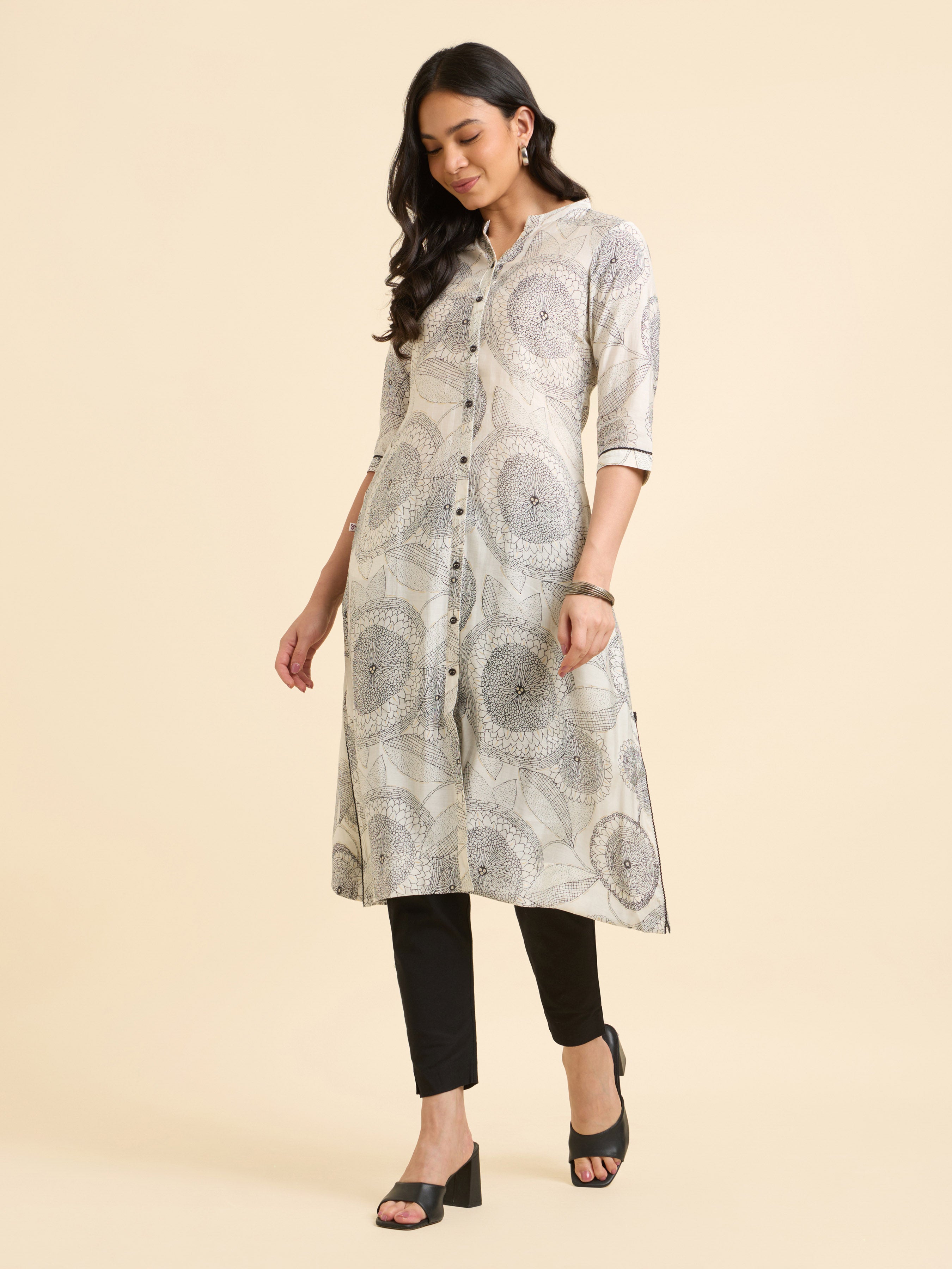 White& Black Modal Chanderi Printed Flared Kurti With Lace