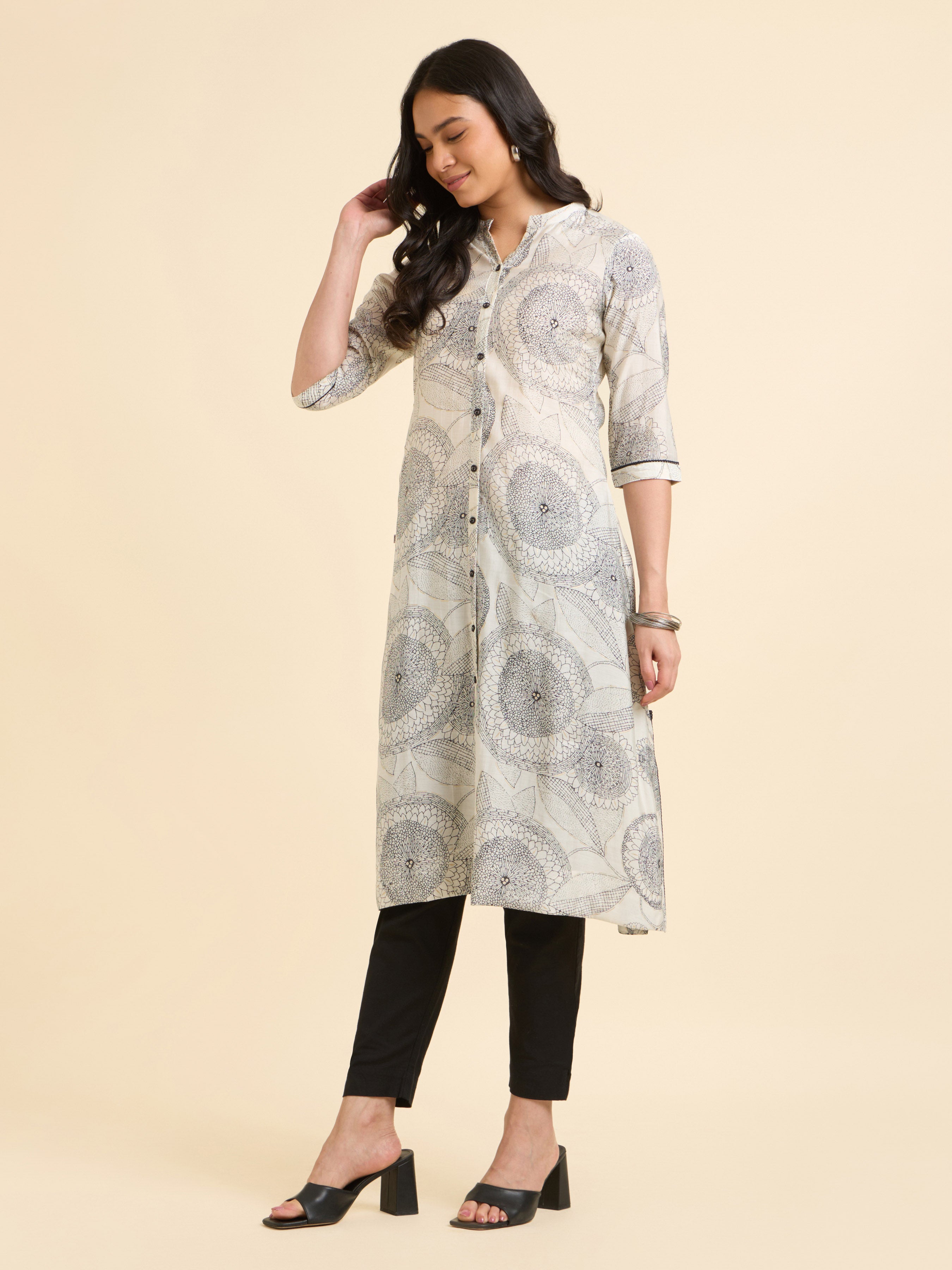 White& Black Modal Chanderi Printed Flared Kurti With Lace