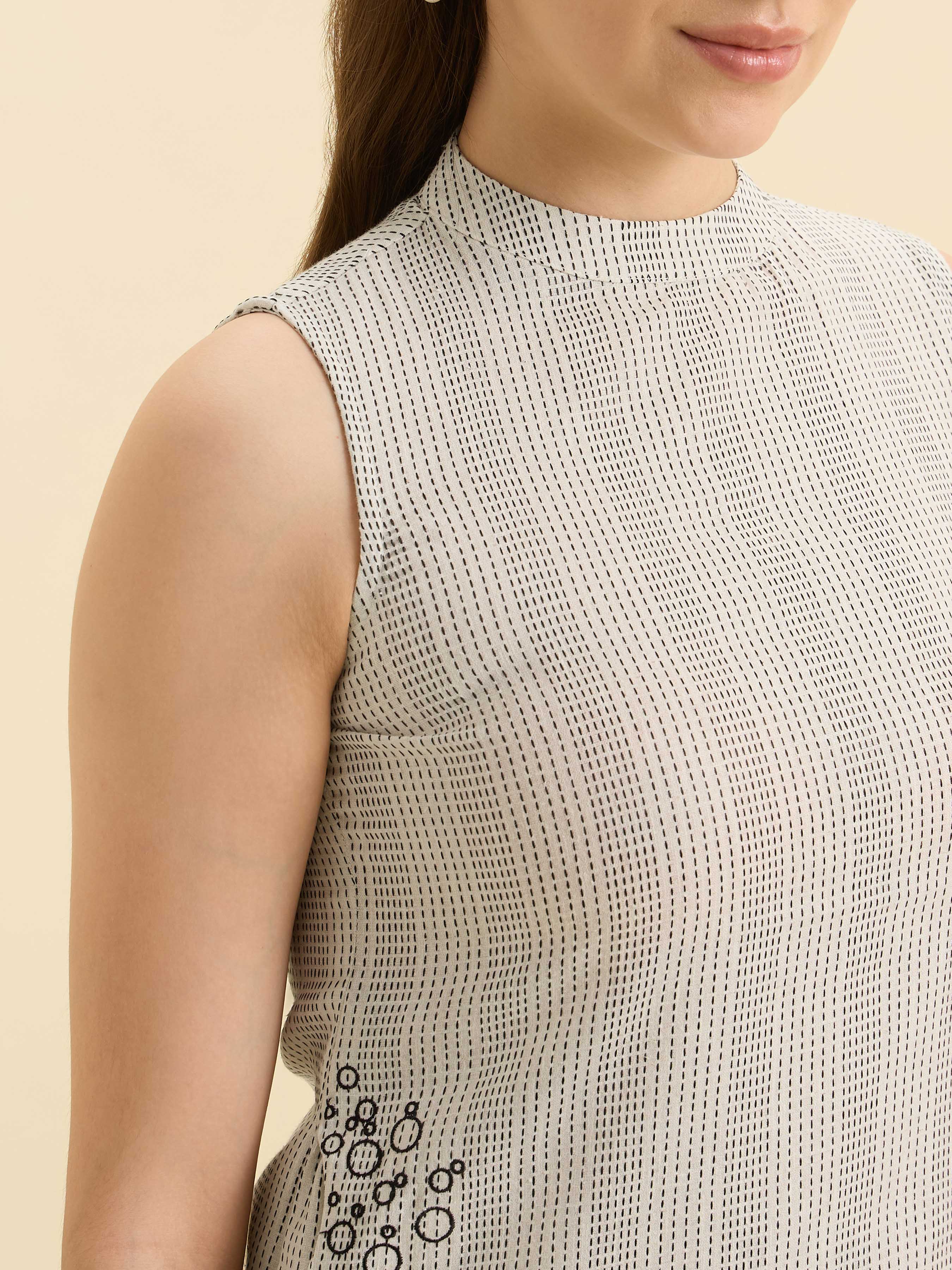 White Colour Cotton Flax Plain Slitted Sleeveless Kurti Set With Embroidery