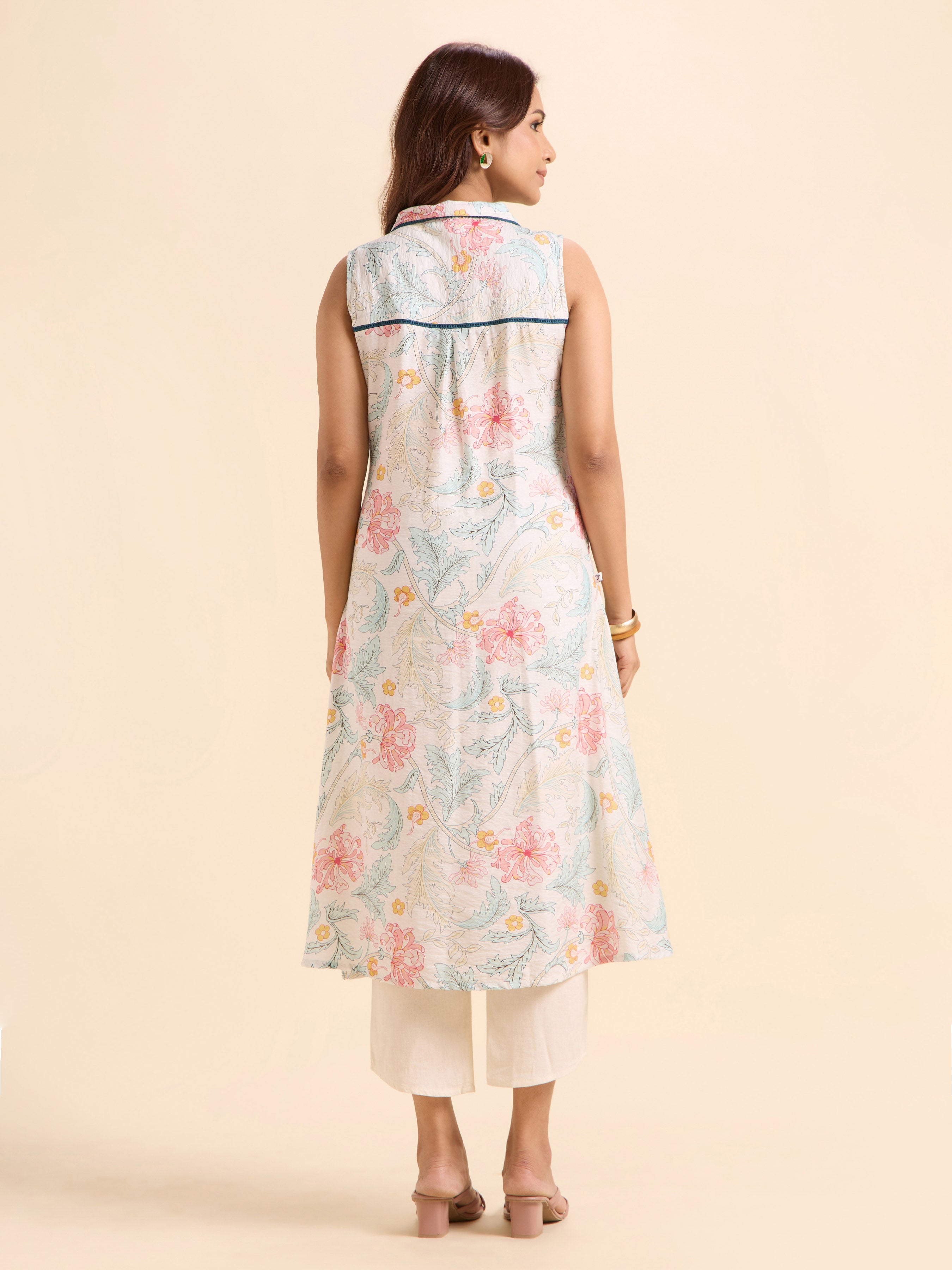 White Multi Nylon Viscose Printed Flared Kurti With Lace Detailing