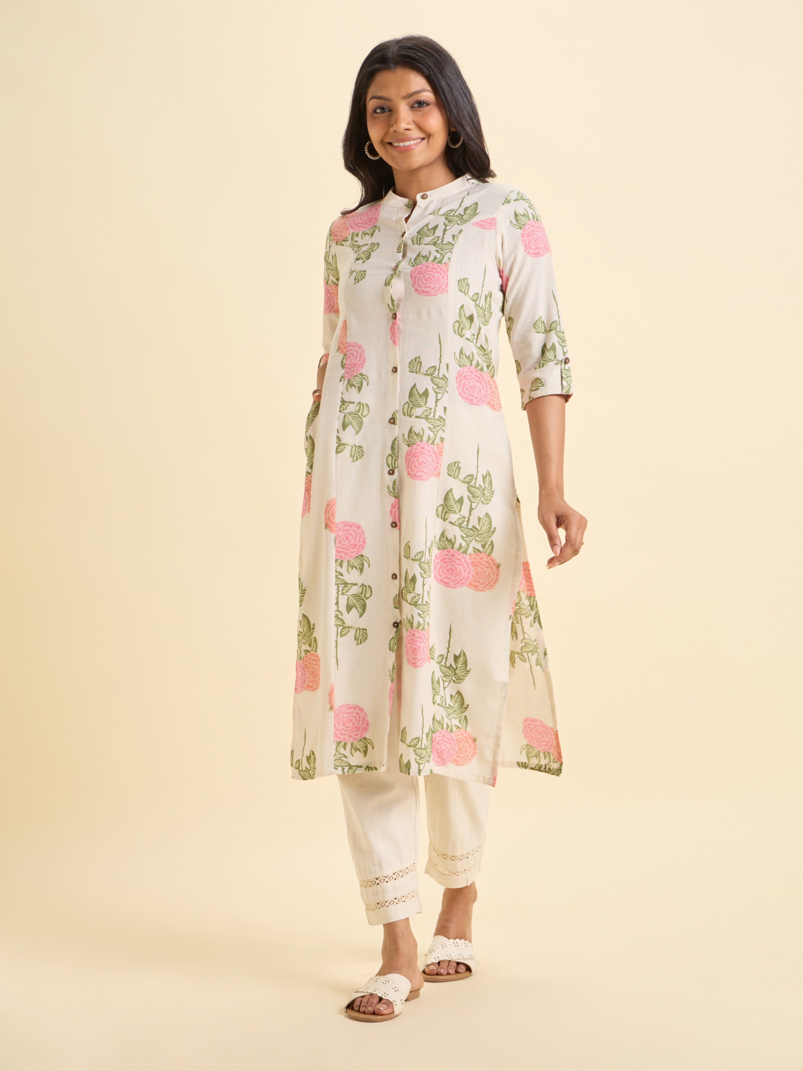 White Multi Colour Cotton Flax Printed Princess Cut Kurti