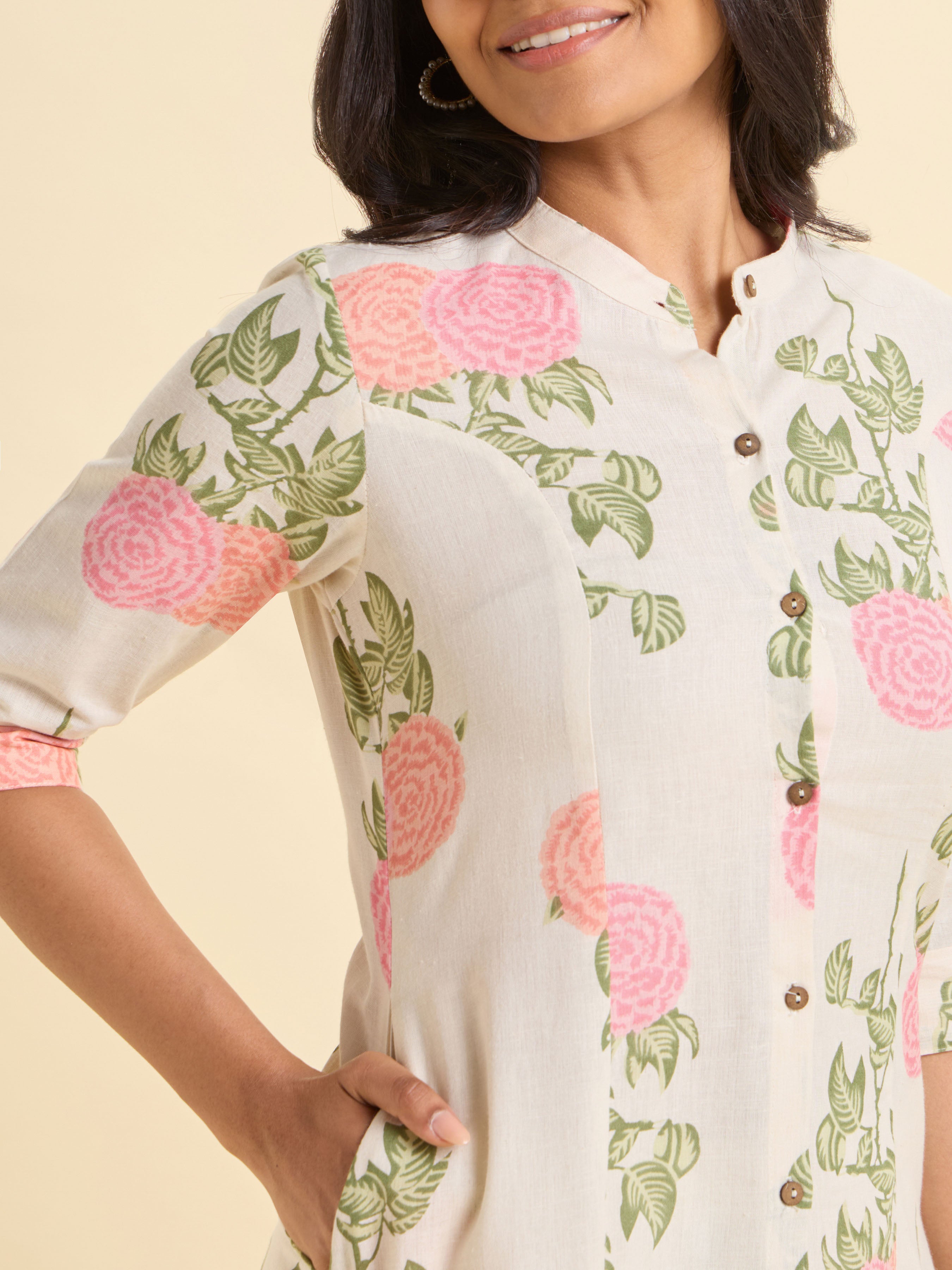 White Multi Colour Cotton Flax Printed Princess Cut Kurti