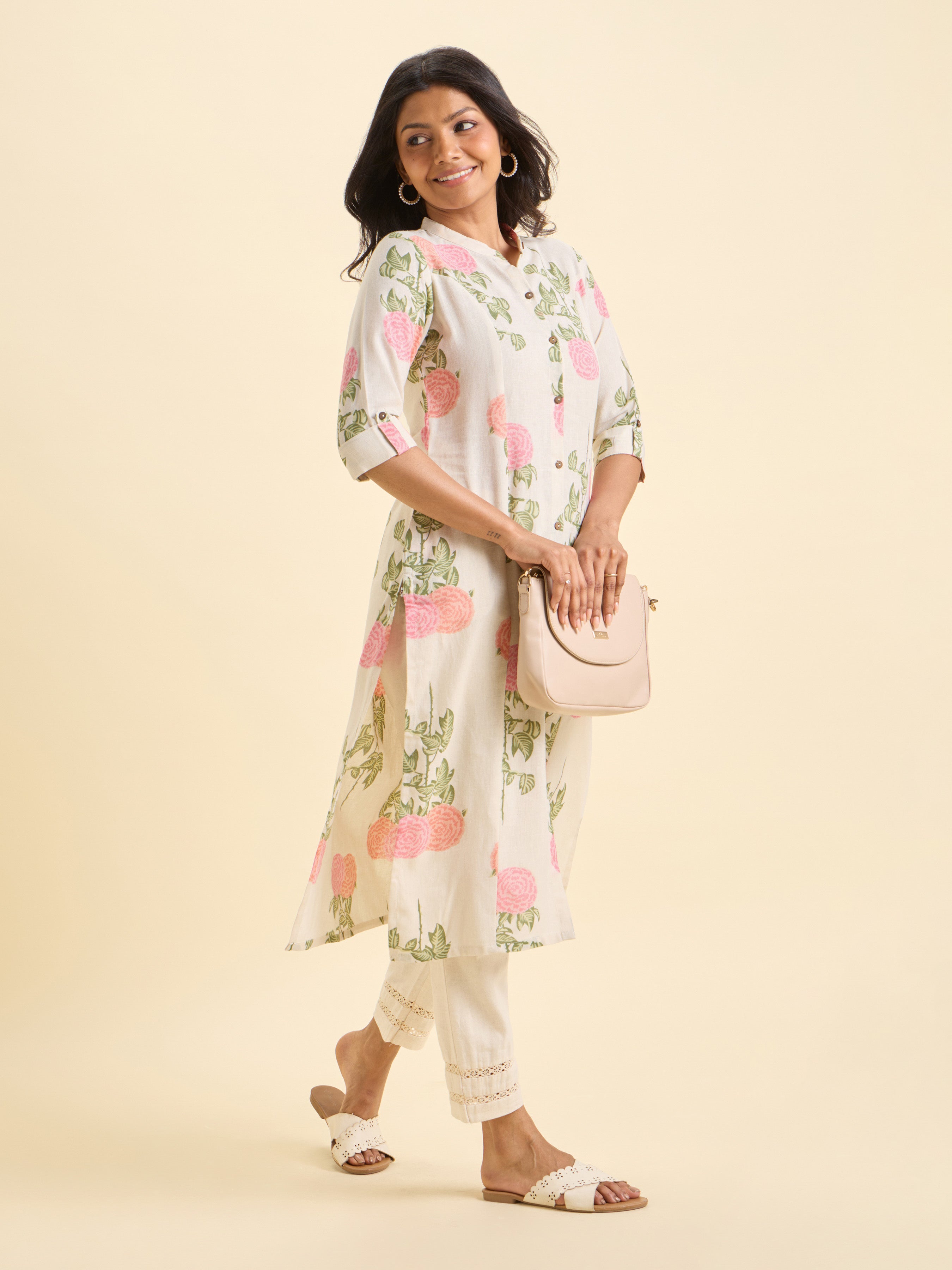 White Multi Colour Cotton Flax Printed Princess Cut Kurti