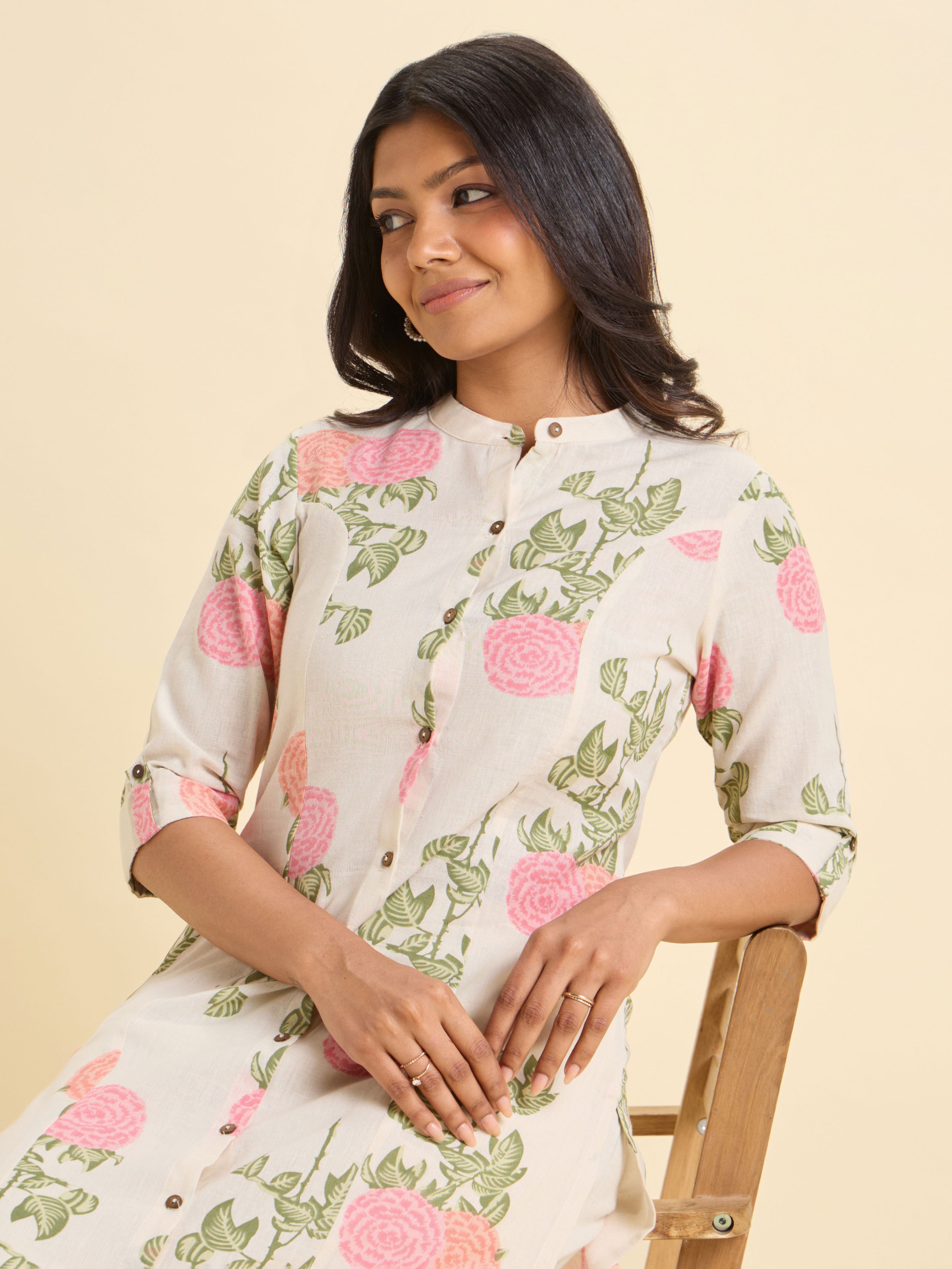 White Multi Colour Cotton Flax Printed Princess Cut Kurti