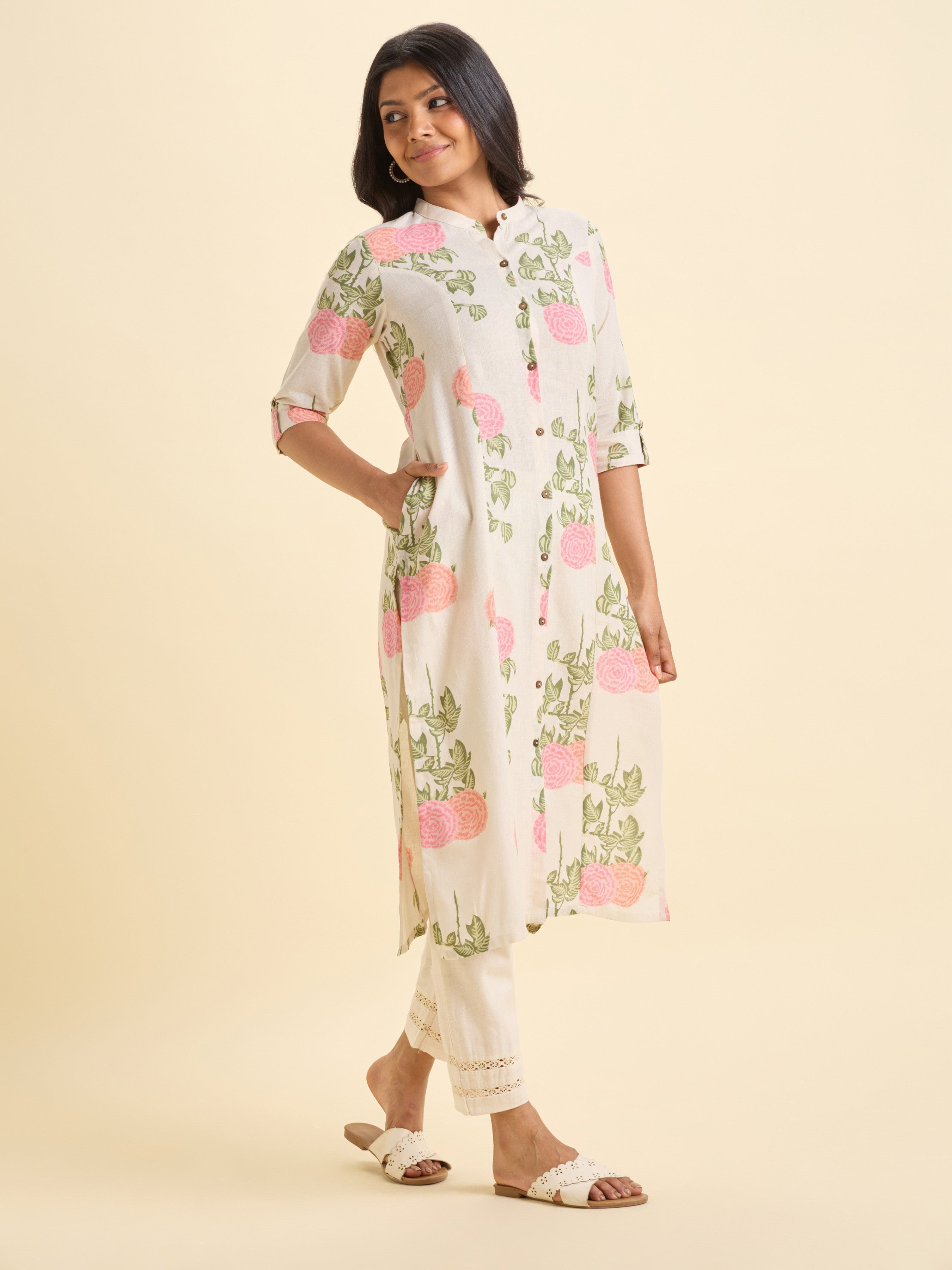 White Multi Colour Cotton Flax Printed Princess Cut Kurti