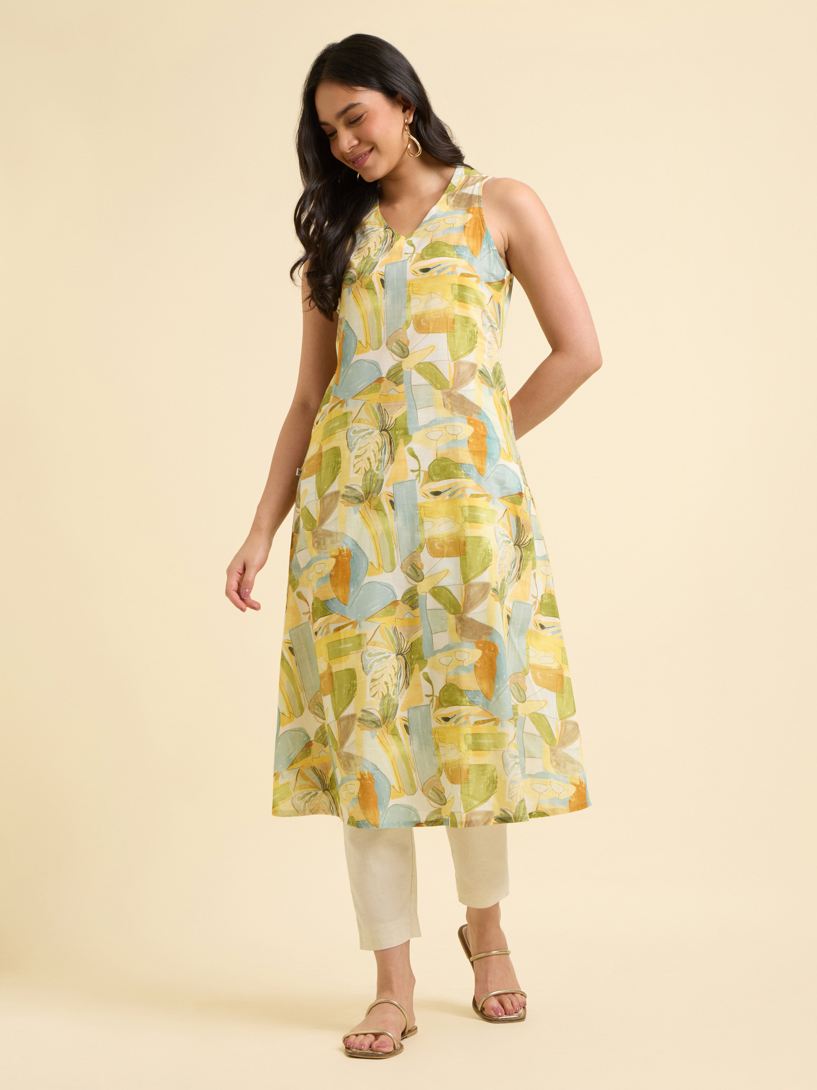 White Multi Colour Cotton Printed Kurti With Curved Hem