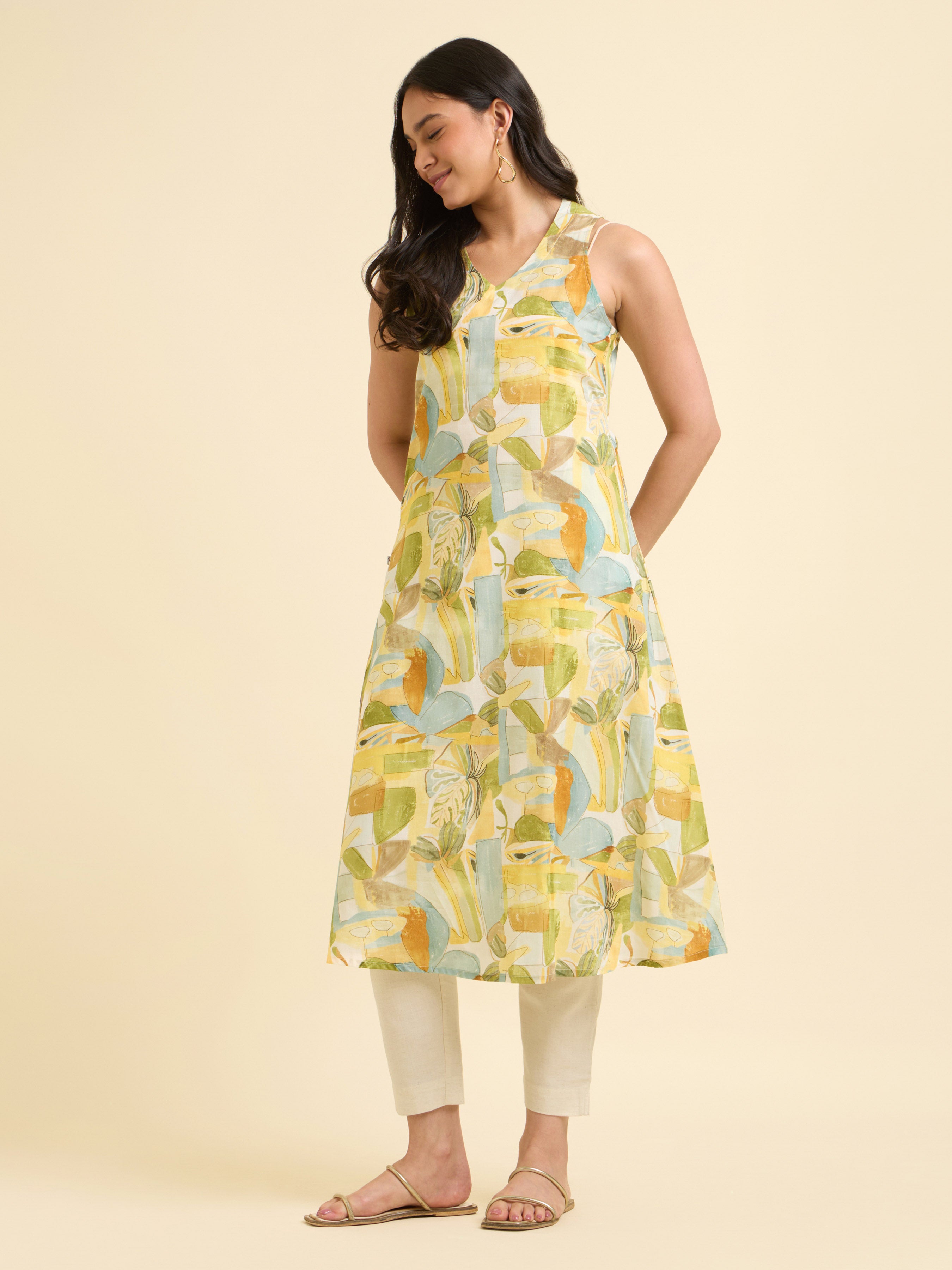 White Multi Colour Cotton Printed Kurti With Curved Hem