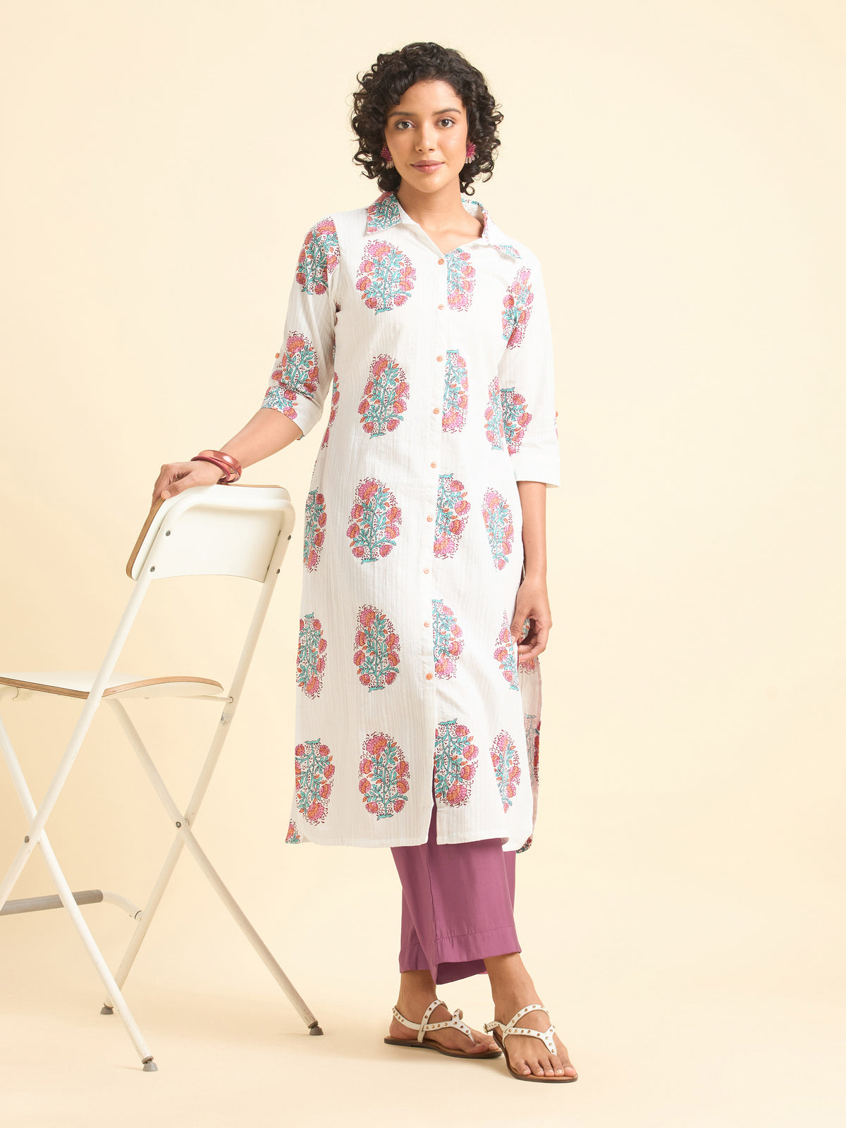 White Multi Colour Cotton Seer Sucker  Printed Kurti