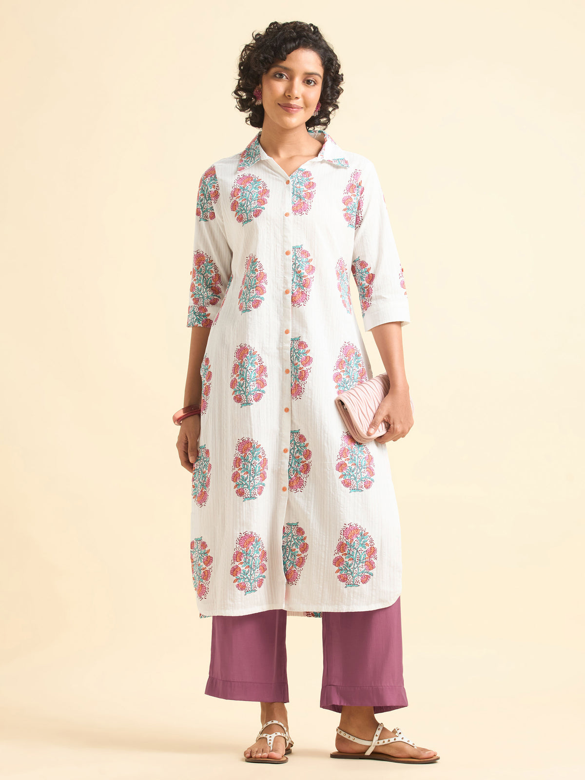 White Multi Colour Cotton Seer Sucker  Printed Kurti