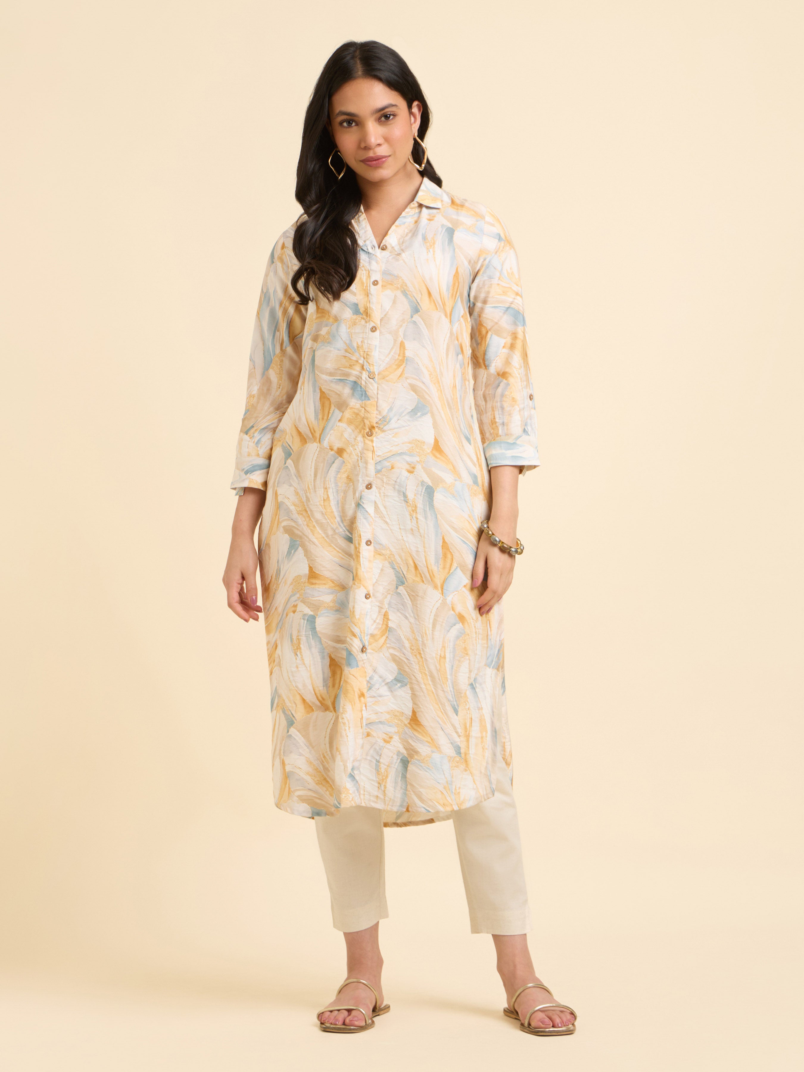 White Multi Colour Poly Viscose Printed Kurti With Curved Hem