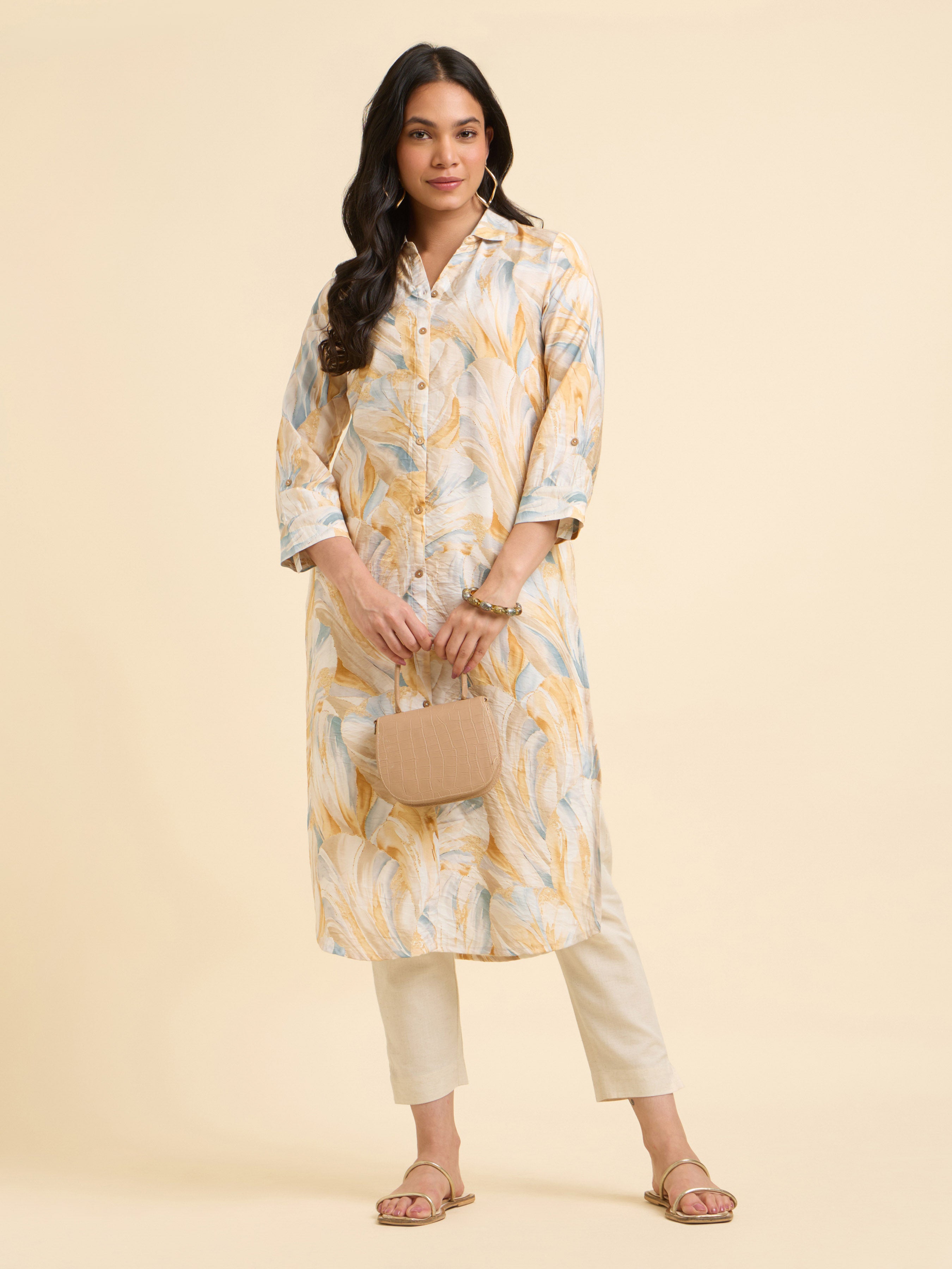 White Multi Colour Poly Viscose Printed Kurti With Curved Hem