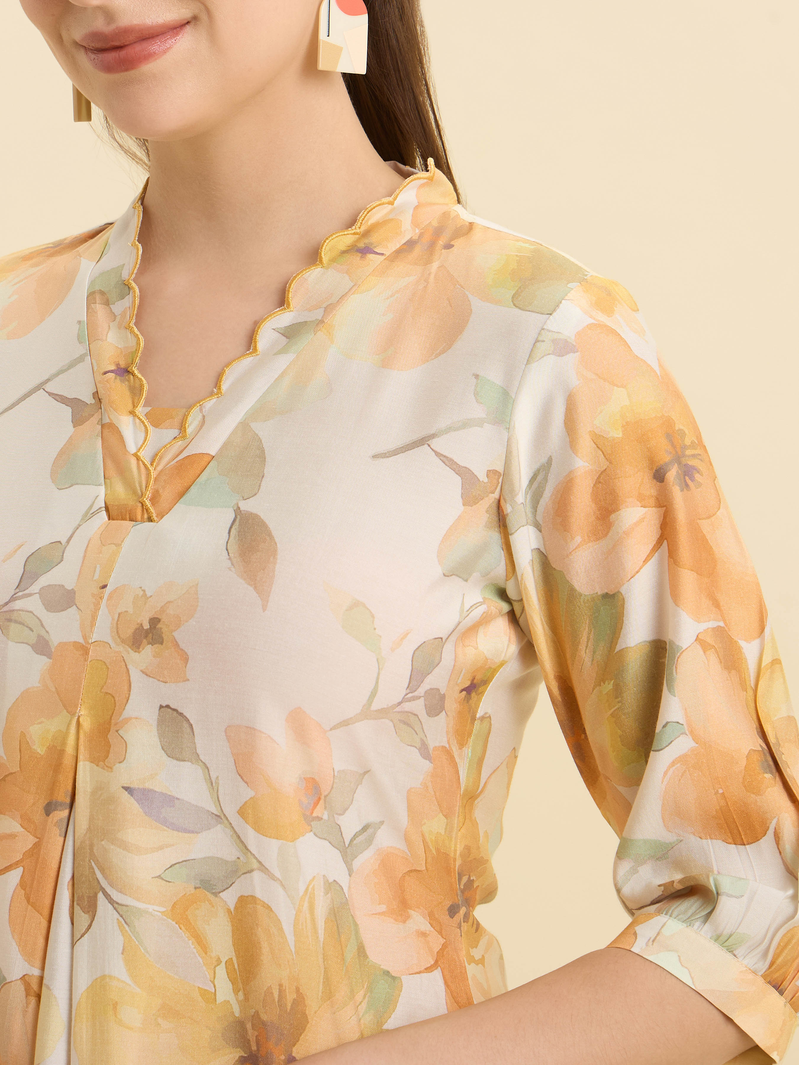 White Multicolour Modal Chanderi Printed Slited Kurti With Box Pleat And Scallop Embroidery