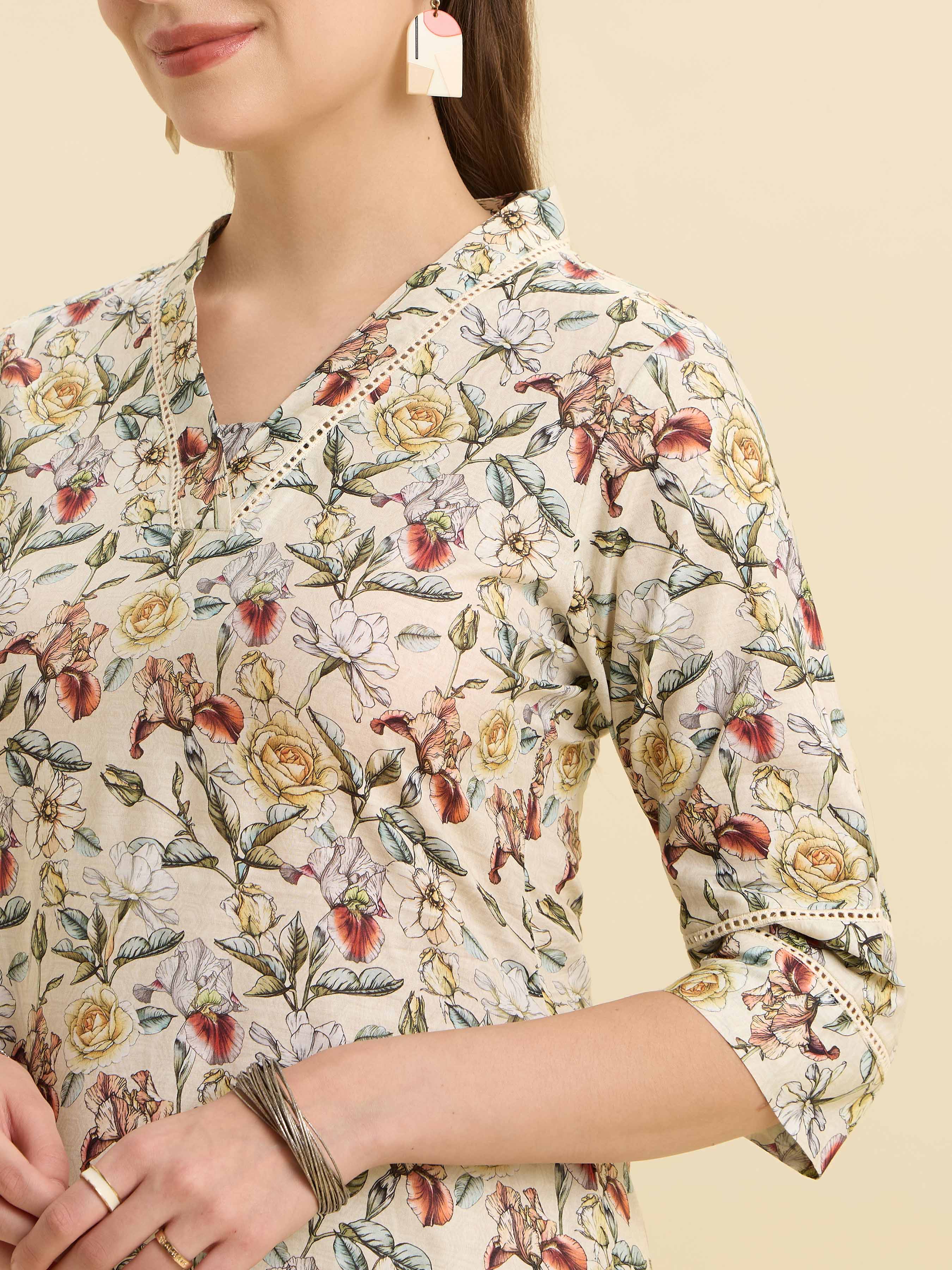 White Multicolour Pure Cotton Printed Slited Kurti With Lace