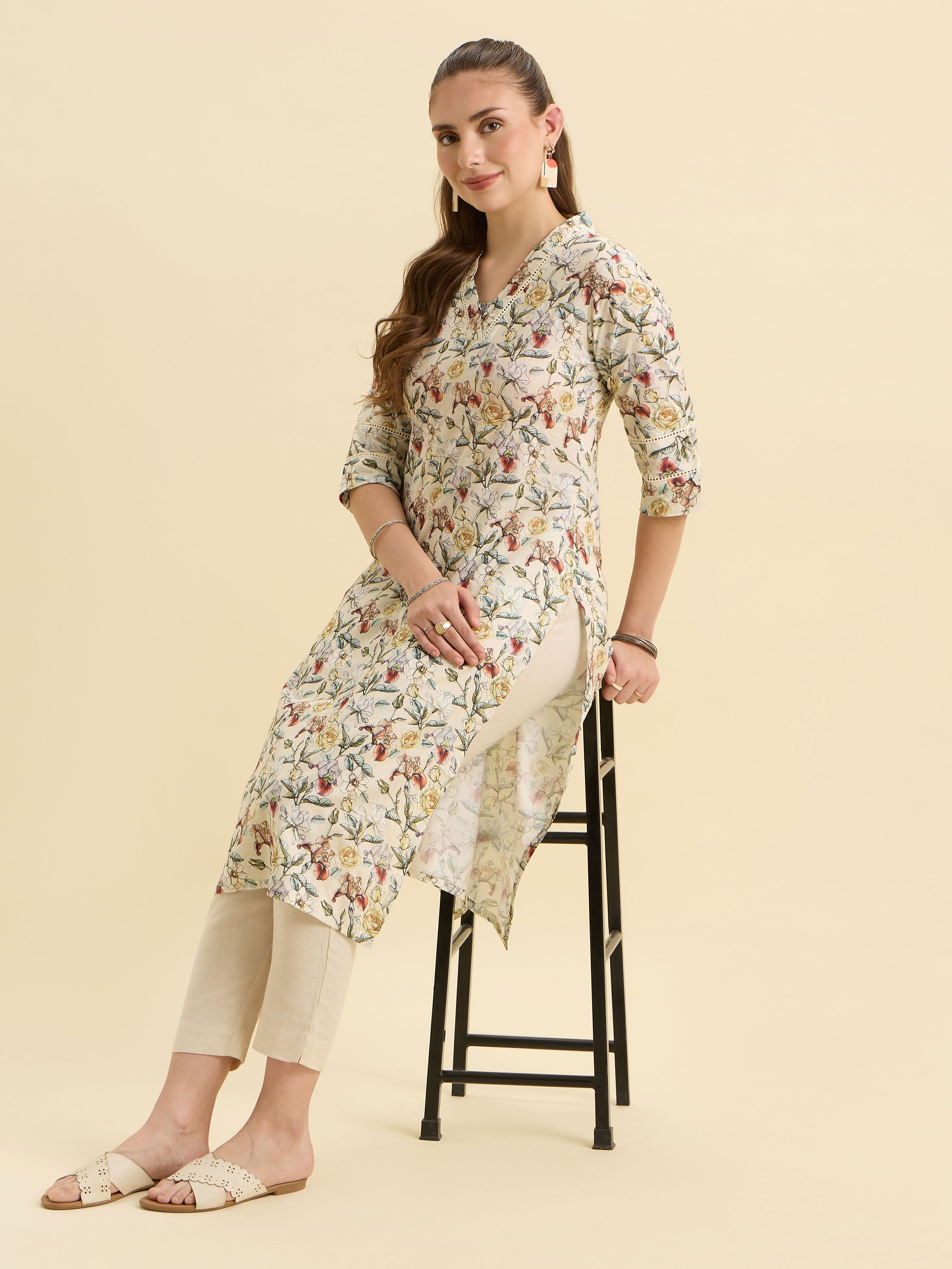 White Multicolour Pure Cotton Printed Slited Kurti With Lace