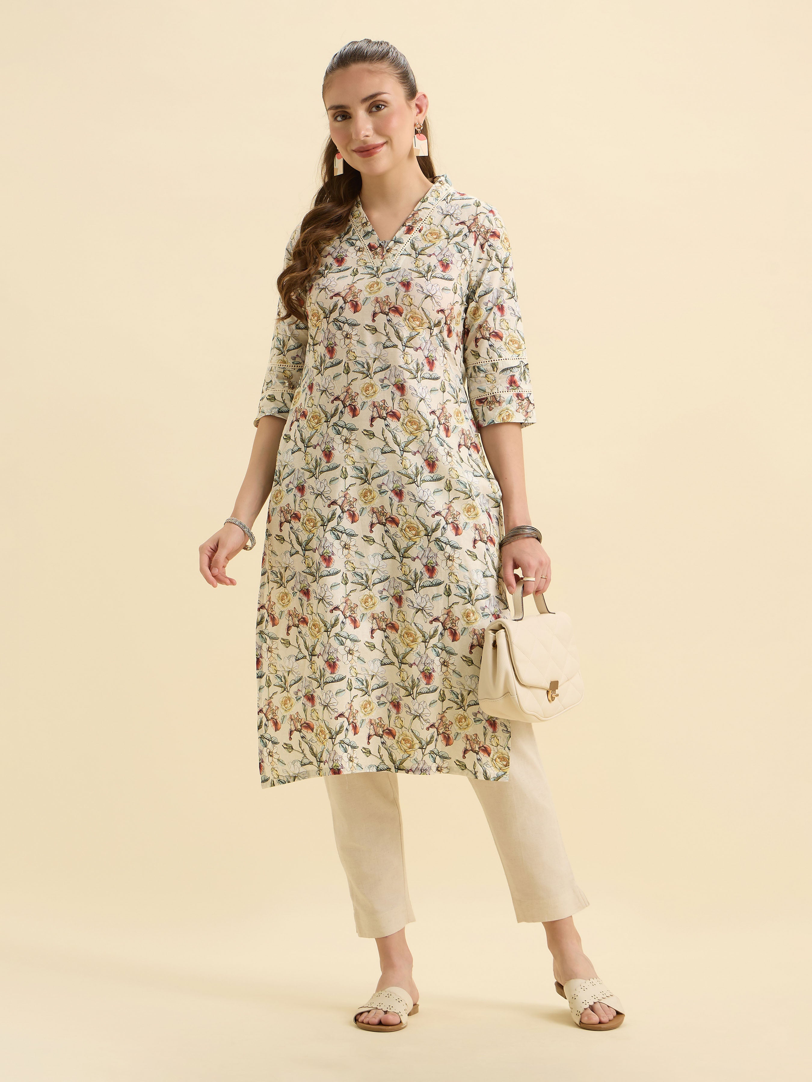 White Multicolour Pure Cotton Printed Slited Kurti With Lace