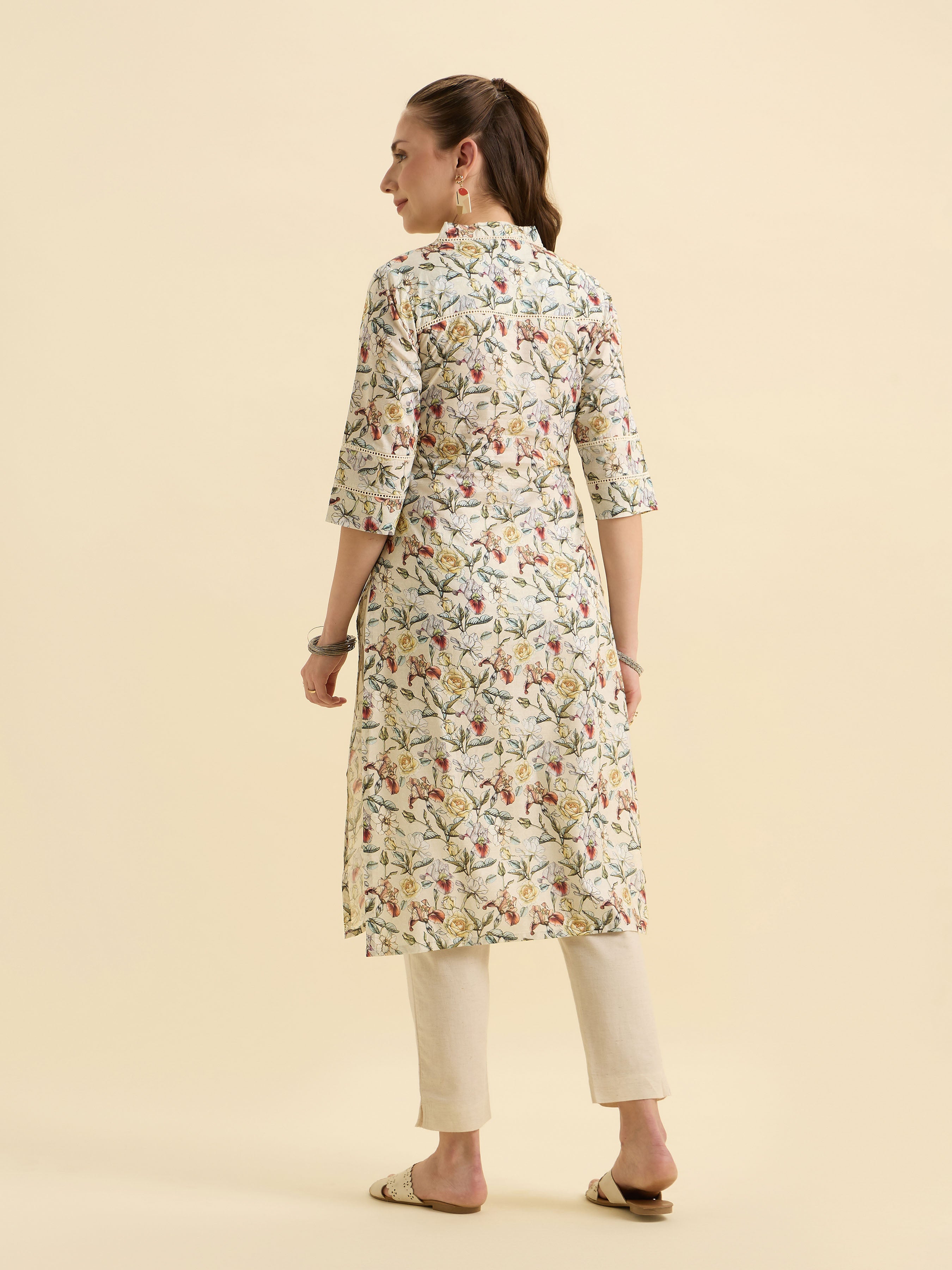 White Multicolour Pure Cotton Printed Slited Kurti With Lace